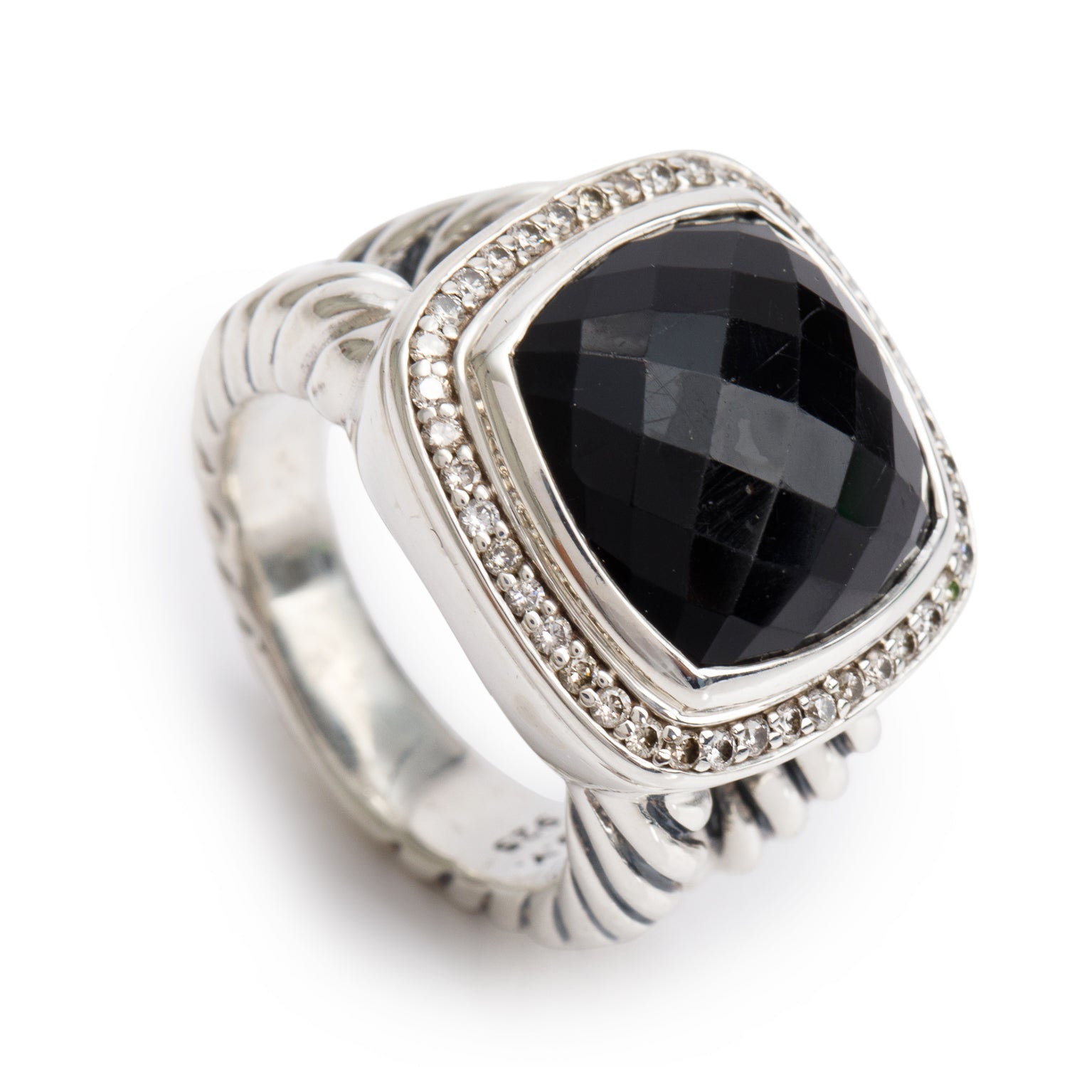 David Yurman Sterling Silver Albion Ring with Black Onyx & Diamonds, 15 MM Size 7