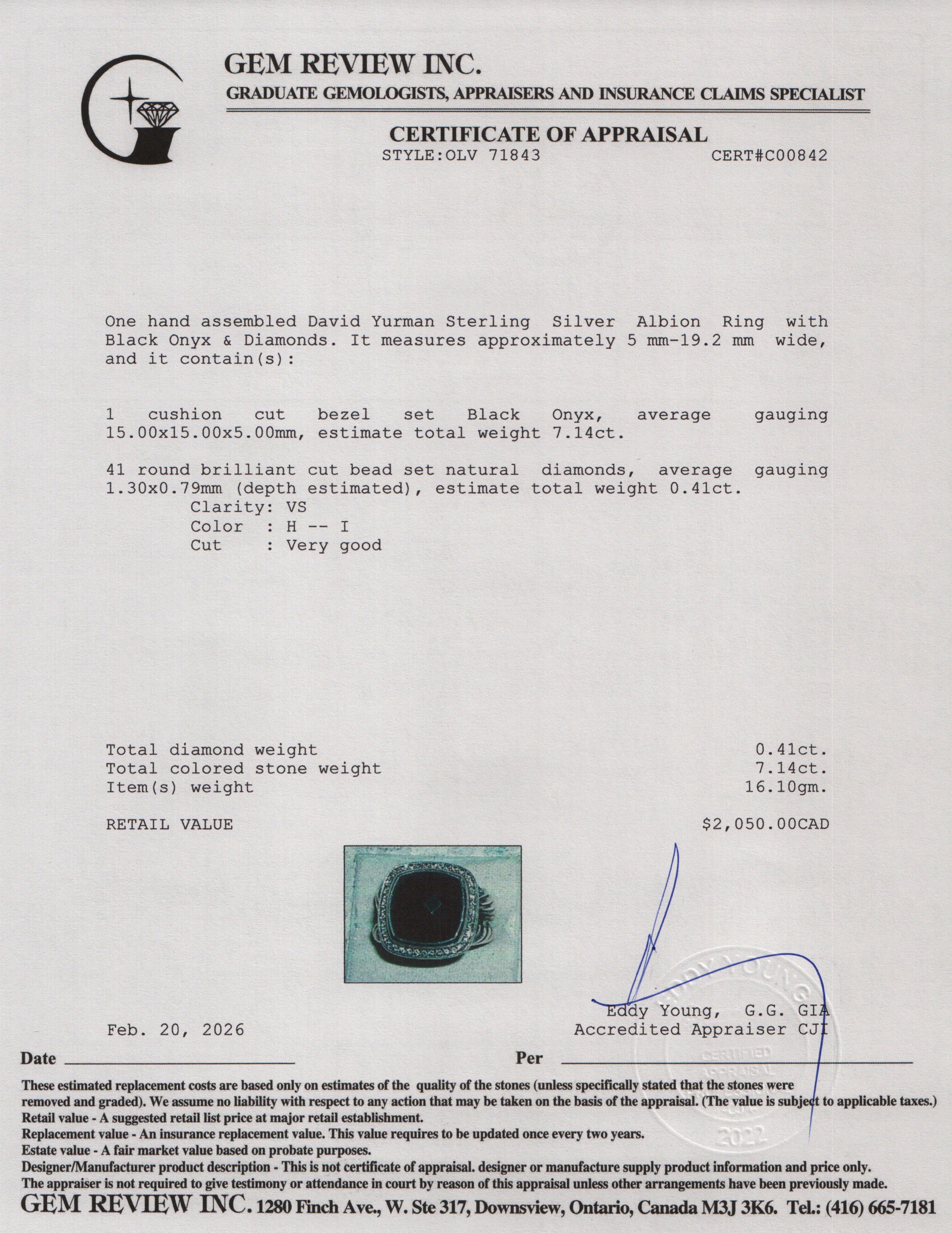 David Yurman Sterling Silver Albion Ring with Black Onyx & Diamonds, 15 MM Size 7