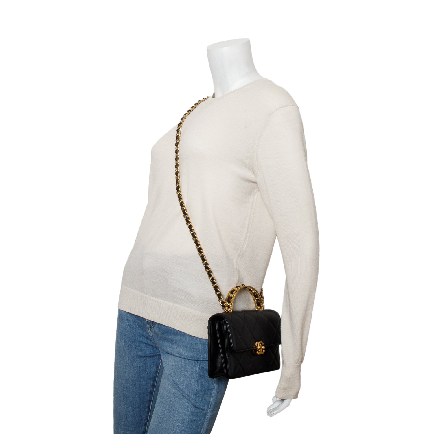 Chanel Black Lambskin Quilted Chain Logo Top Handle Flap Bag