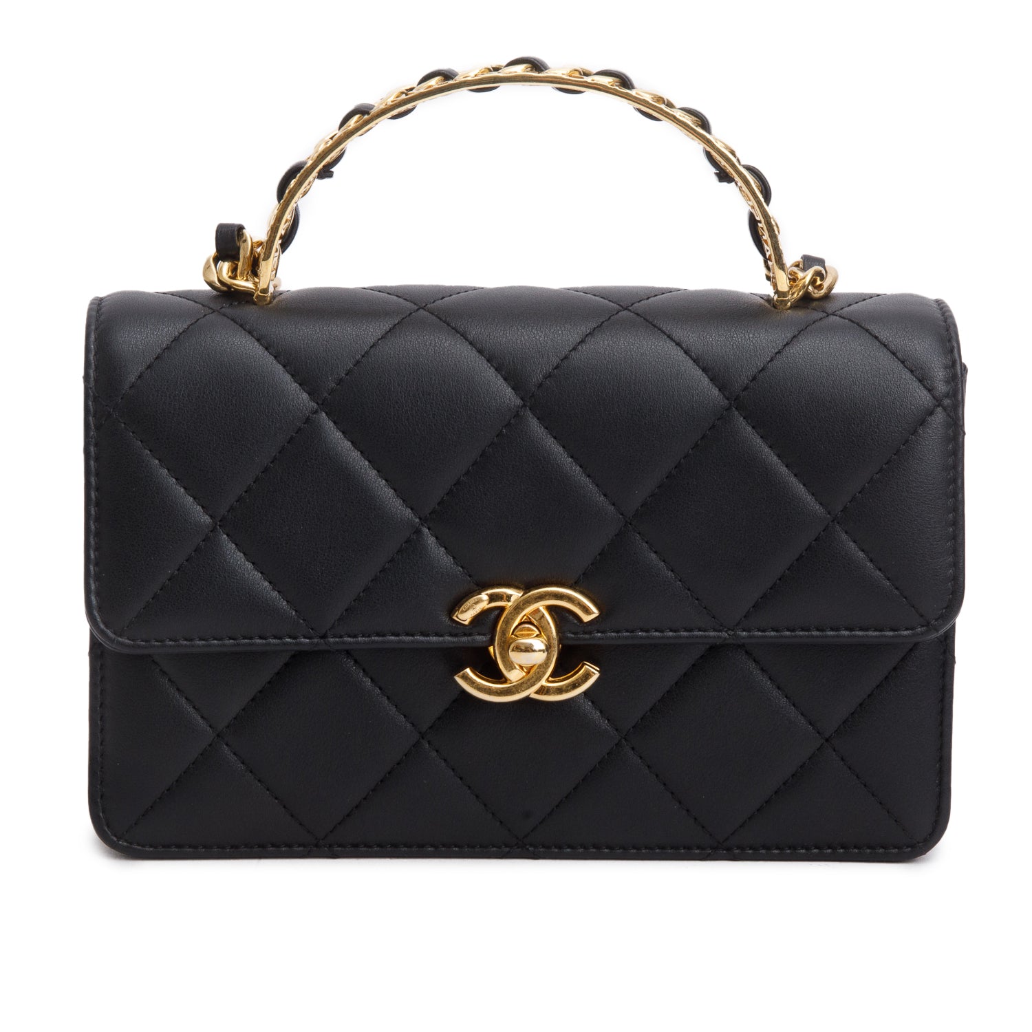 Chanel Black Lambskin Quilted Chain Logo Top Handle Flap Bag