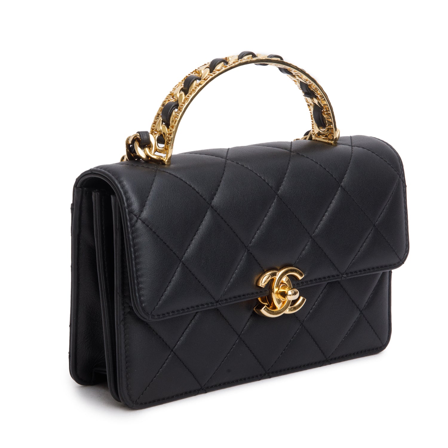Chanel Black Lambskin Quilted Chain Logo Top Handle Flap Bag