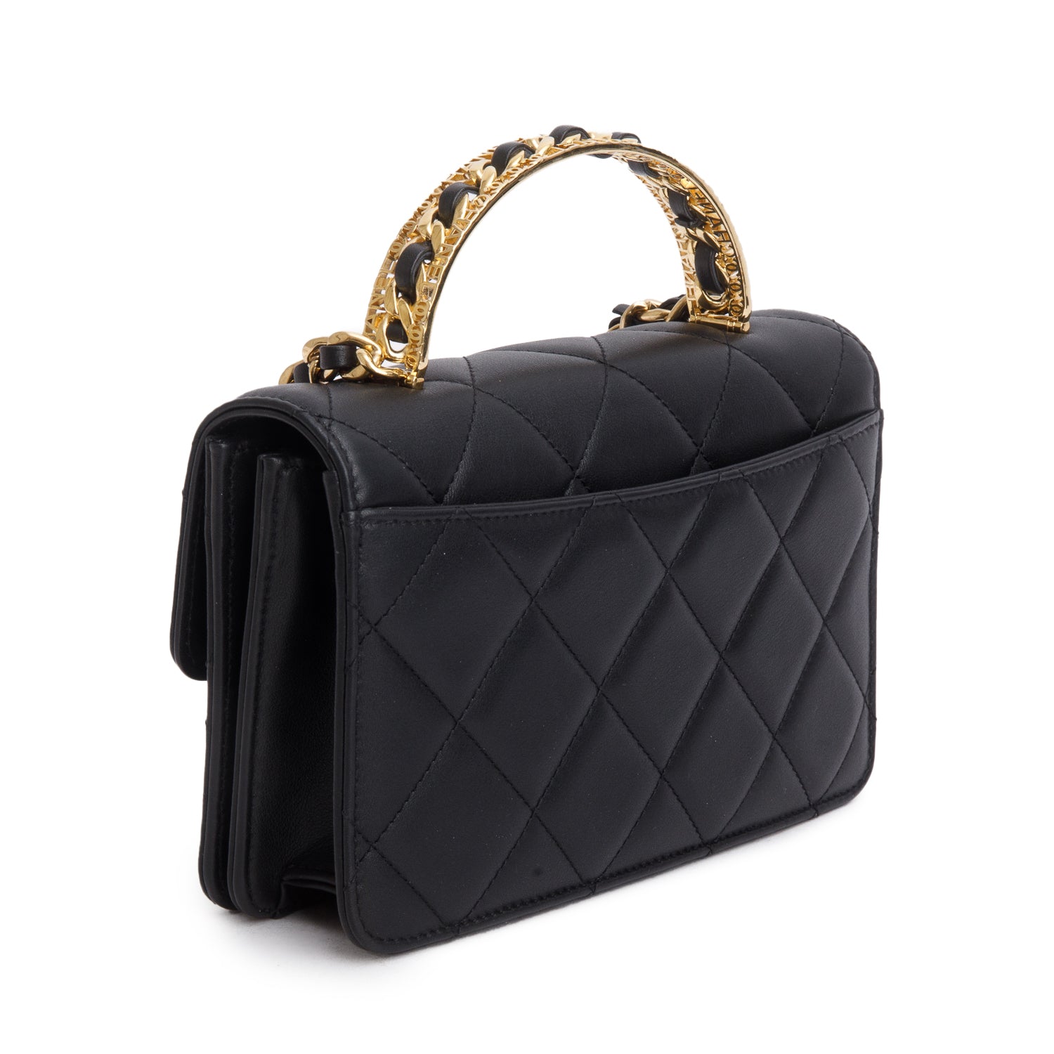 Chanel Black Lambskin Quilted Chain Logo Top Handle Flap Bag