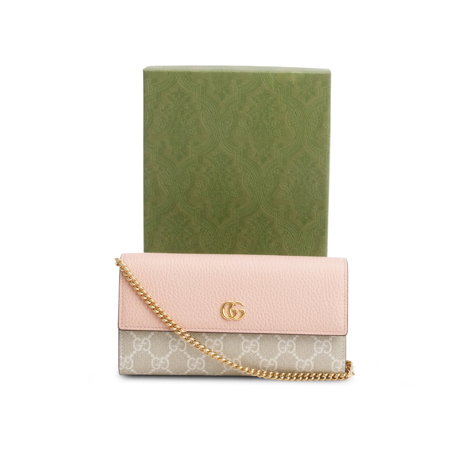 Gucci Pink Dollar Calfskin GG Supreme Monogram Petite GG Marmont Wallet on Chain w/ Box