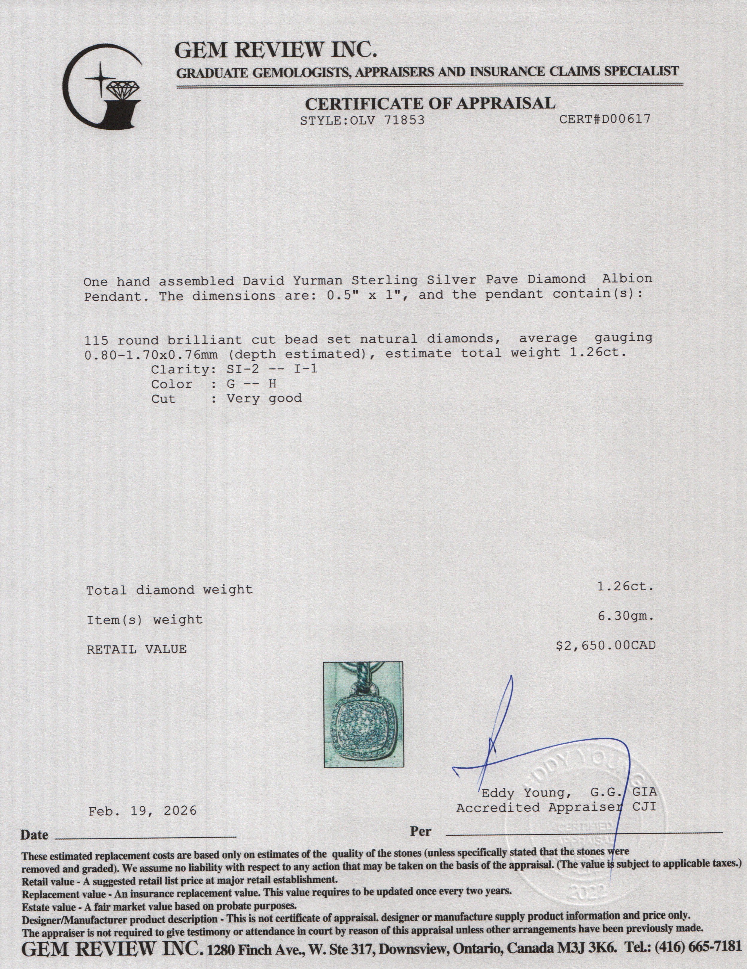 David Yurman Sterling Silver Pave Diamond Albion Pendant