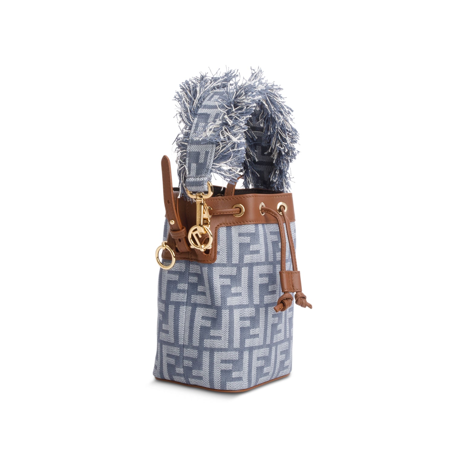 Fendi Blue Denim Effect Fabric FF Jacquard Vitello Mini Mon Tresor Bucket Bag w/ Straps
