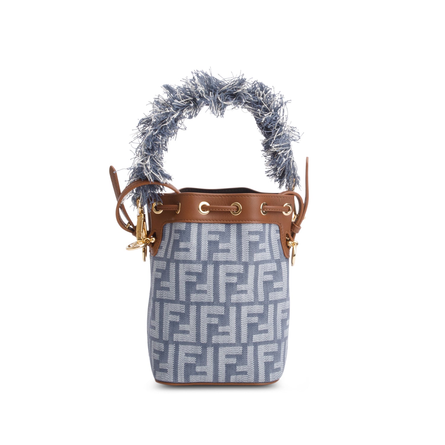 Fendi Blue Denim Effect Fabric FF Jacquard Vitello Mini Mon Tresor Bucket Bag w/ Straps