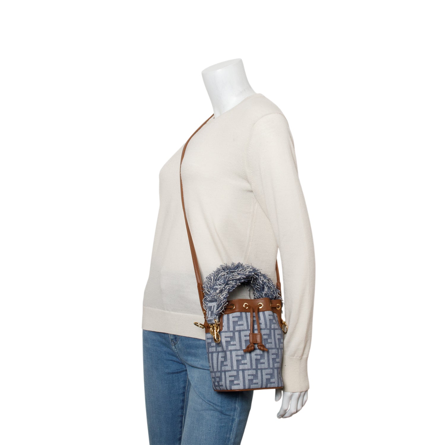 Fendi Blue Denim Effect Fabric FF Jacquard Vitello Mini Mon Tresor Bucket Bag w/ Straps