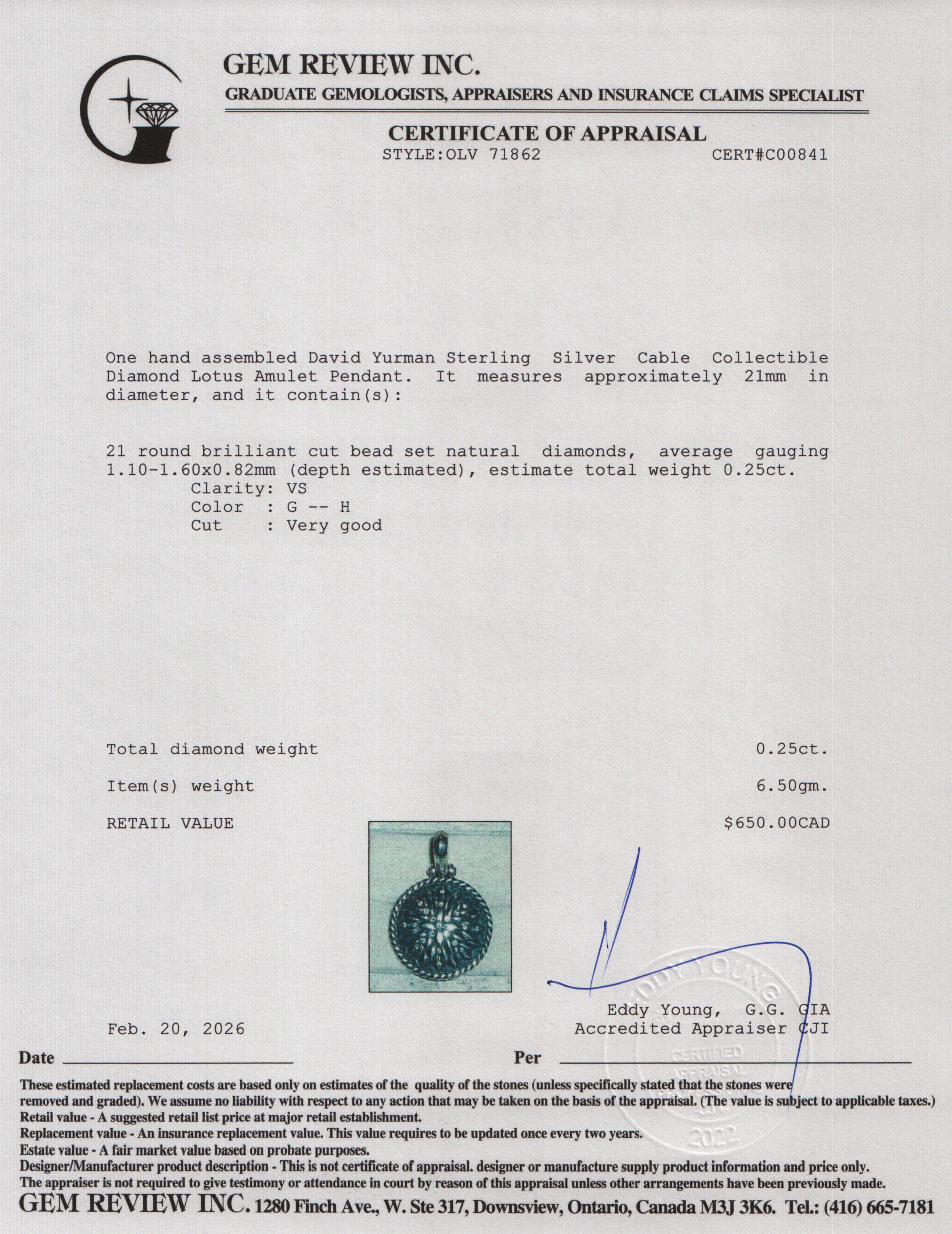 David Yurman Sterling Silver Cable Collectible Diamond Lotus Amulet Pendant