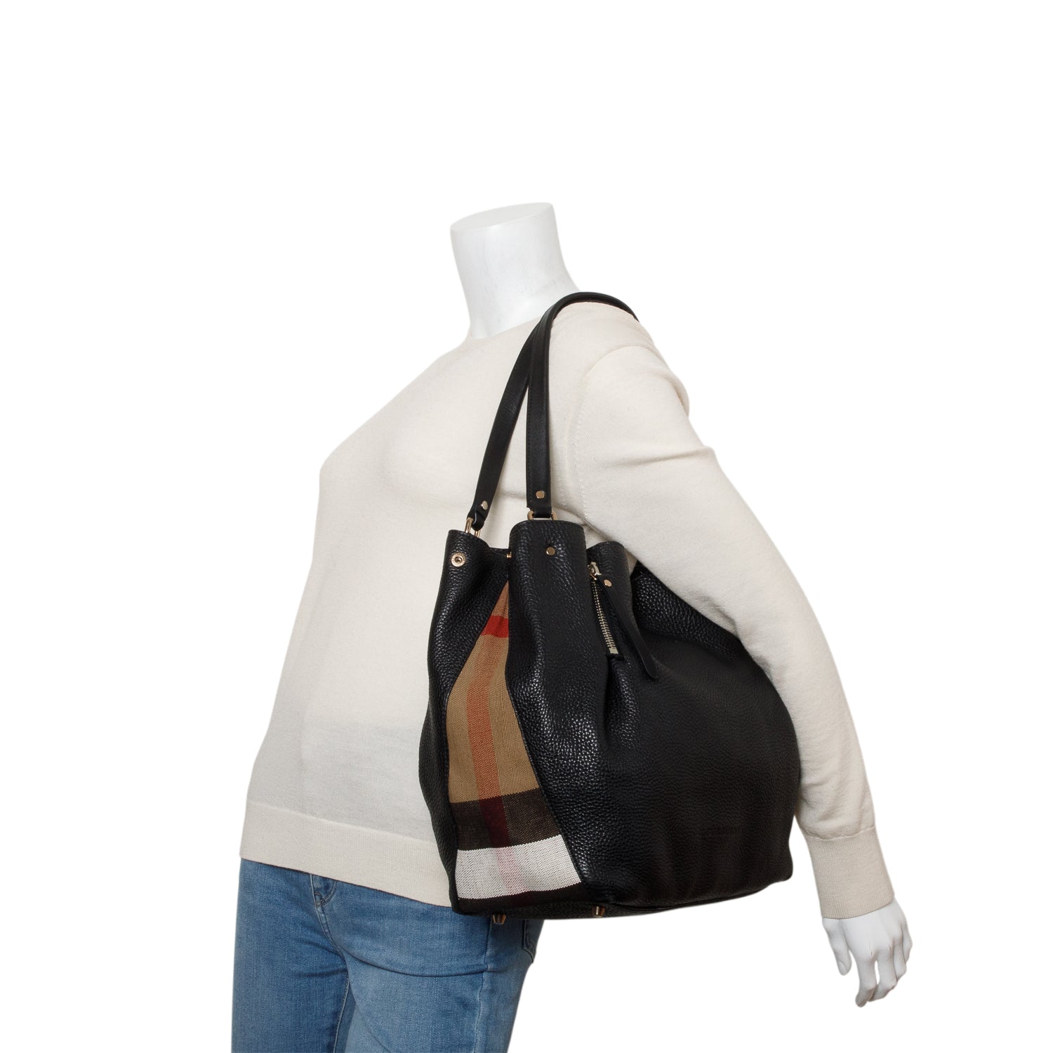 Burberry Black Grainy Calfskin House Check Medium Maidstone w/ Receipt