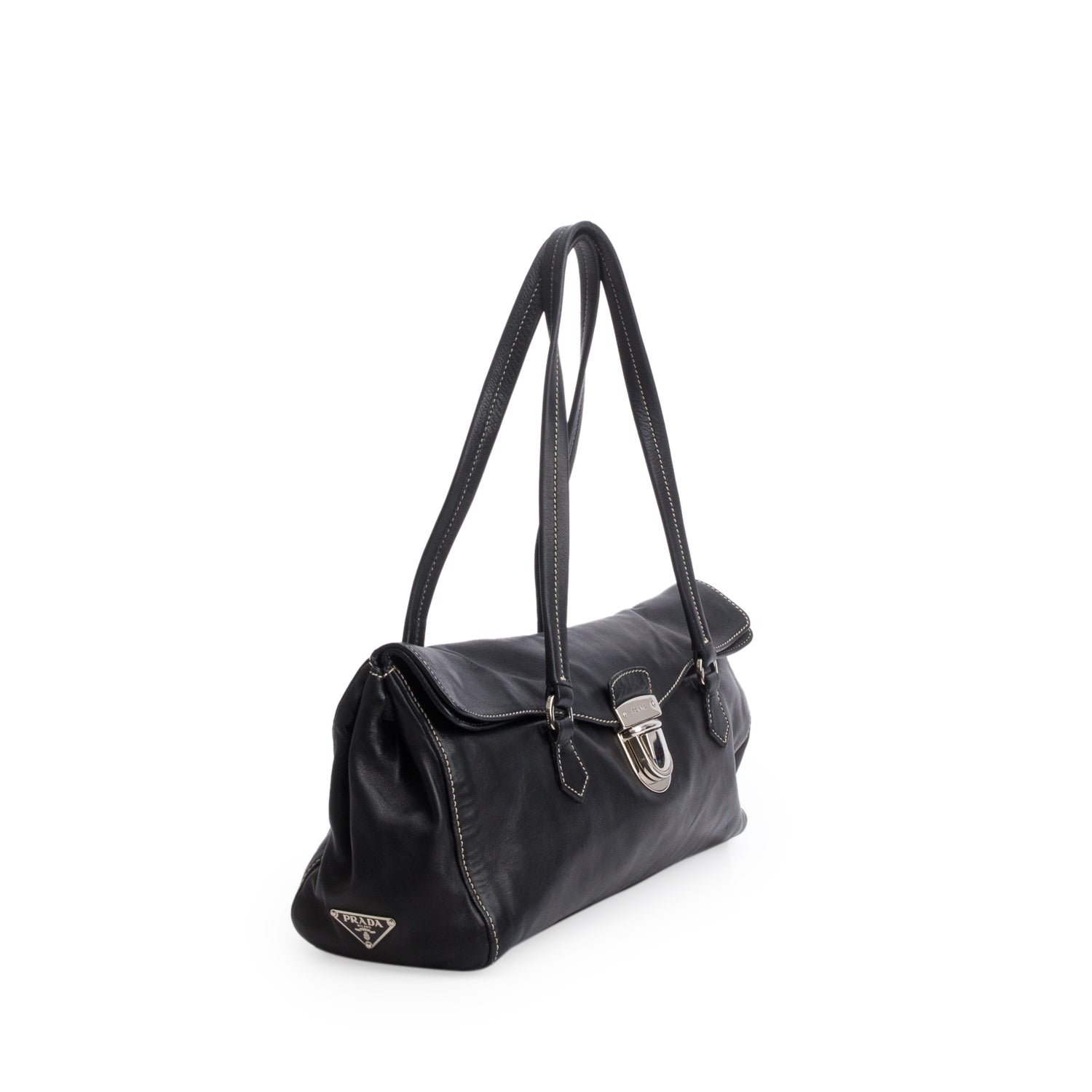 Prada Black Vitello Leather Easy A Foldover Pushlock Satchel