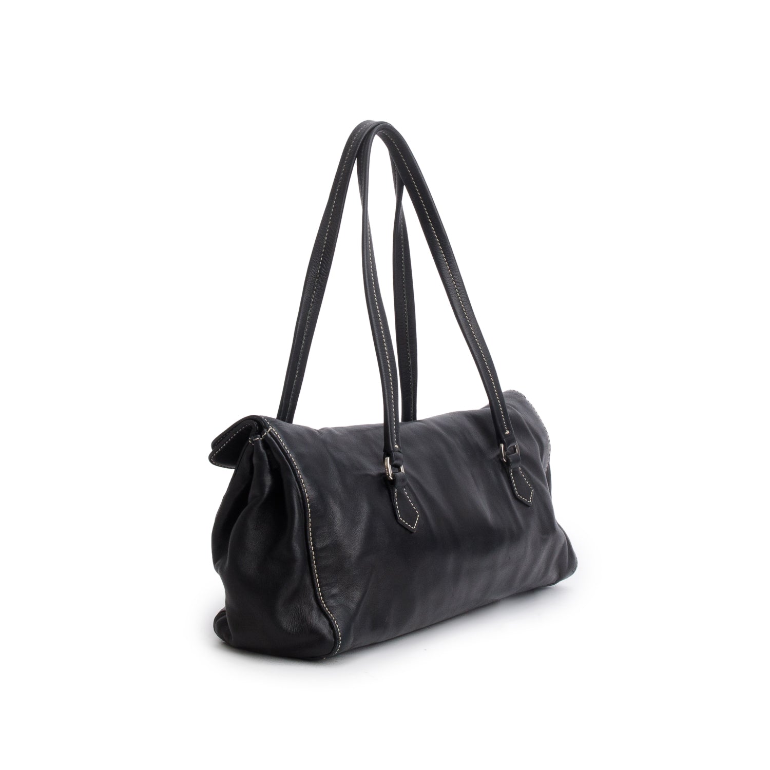 Prada Black Vitello Leather Easy A Foldover Pushlock Satchel