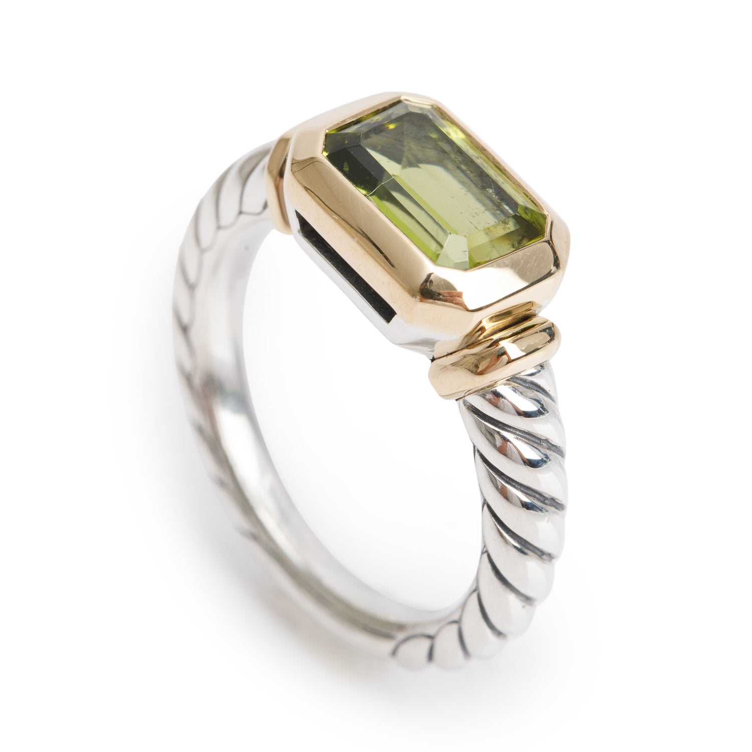 David Yurman Sterling Silver & 18k Yellow Gold Peridot Novella Ring, Size 6.75