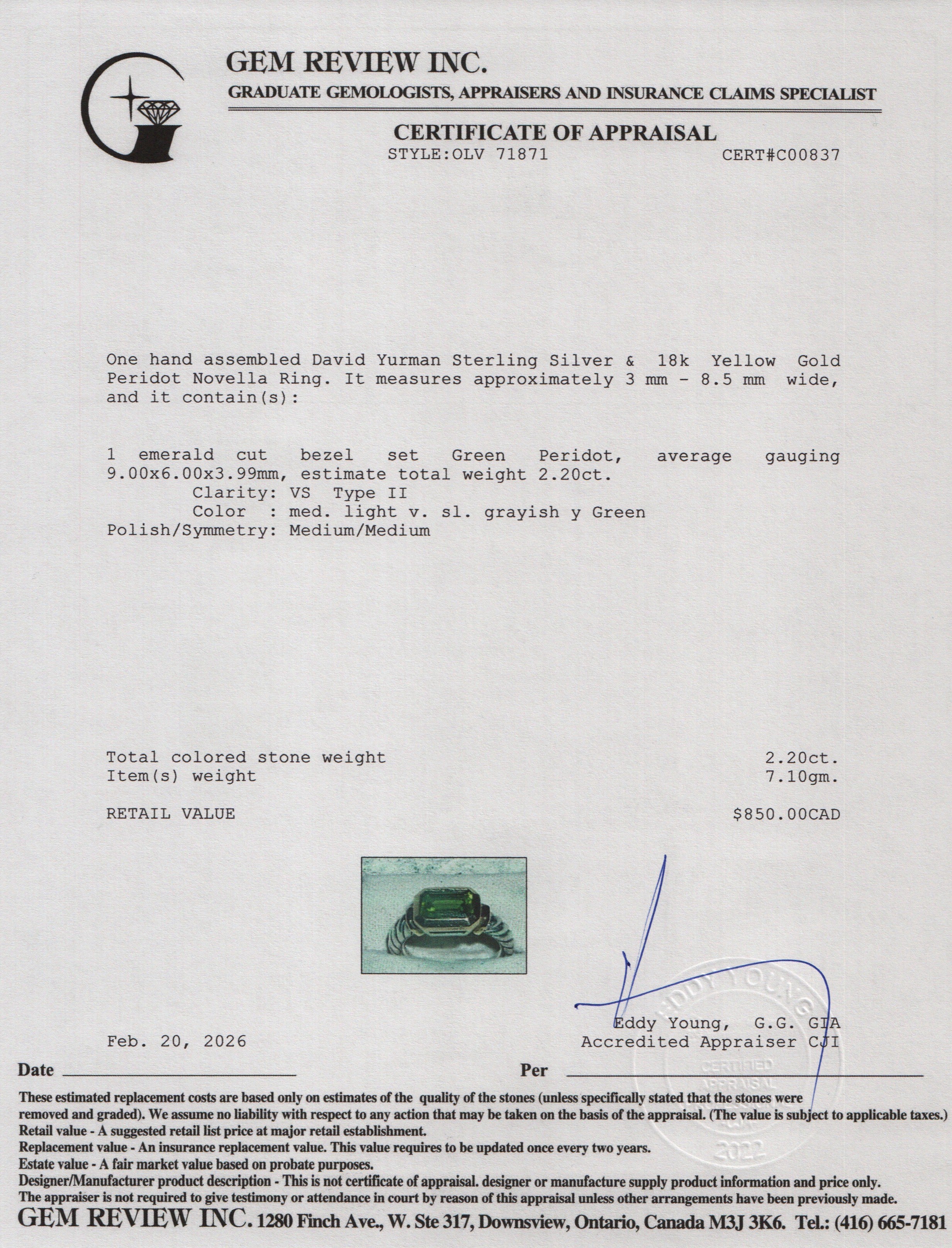 David Yurman Sterling Silver & 18k Yellow Gold Peridot Novella Ring, Size 6.75