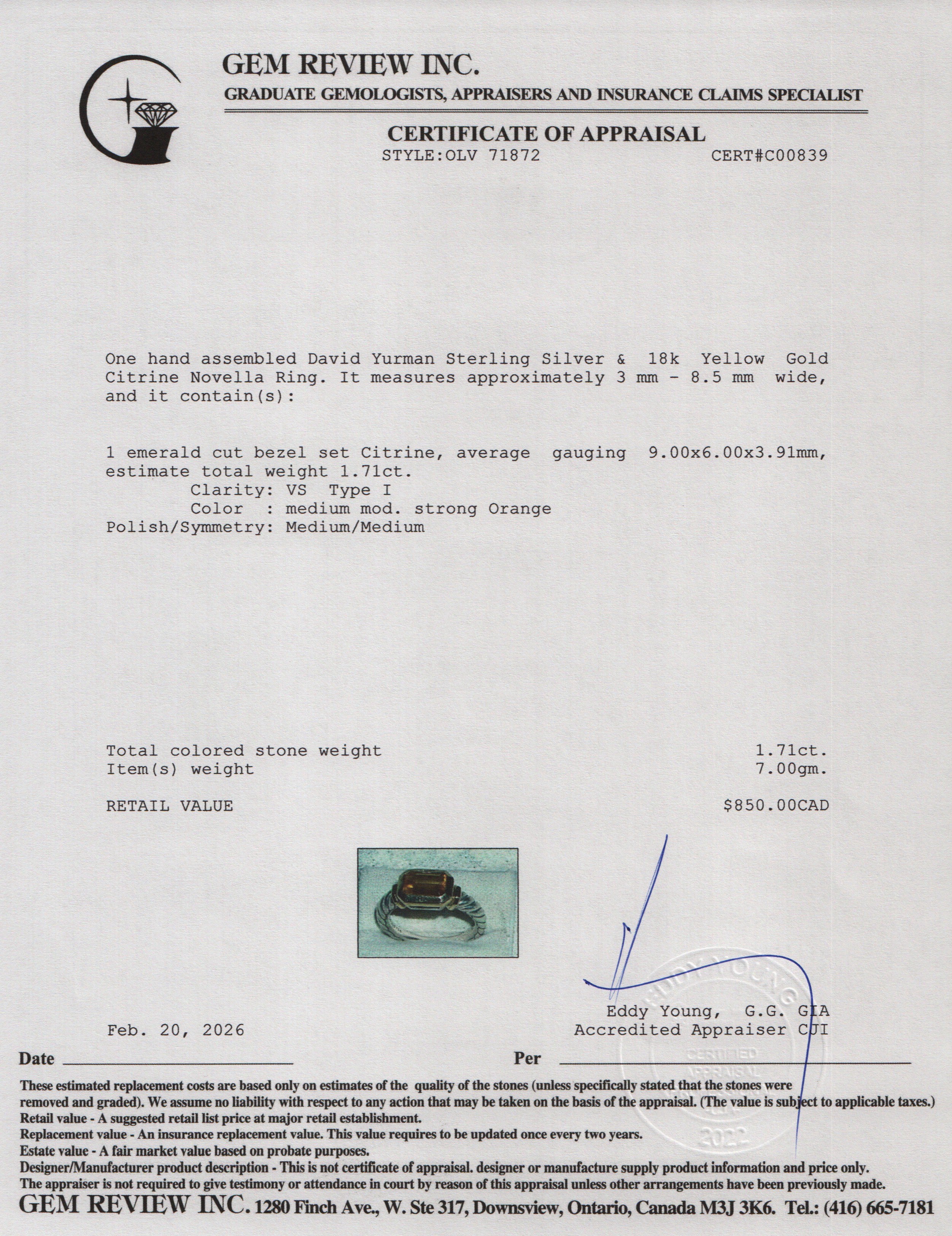 David Yurman Sterling Silver & 18k Yellow Gold Citrine Novella Ring, Size 8