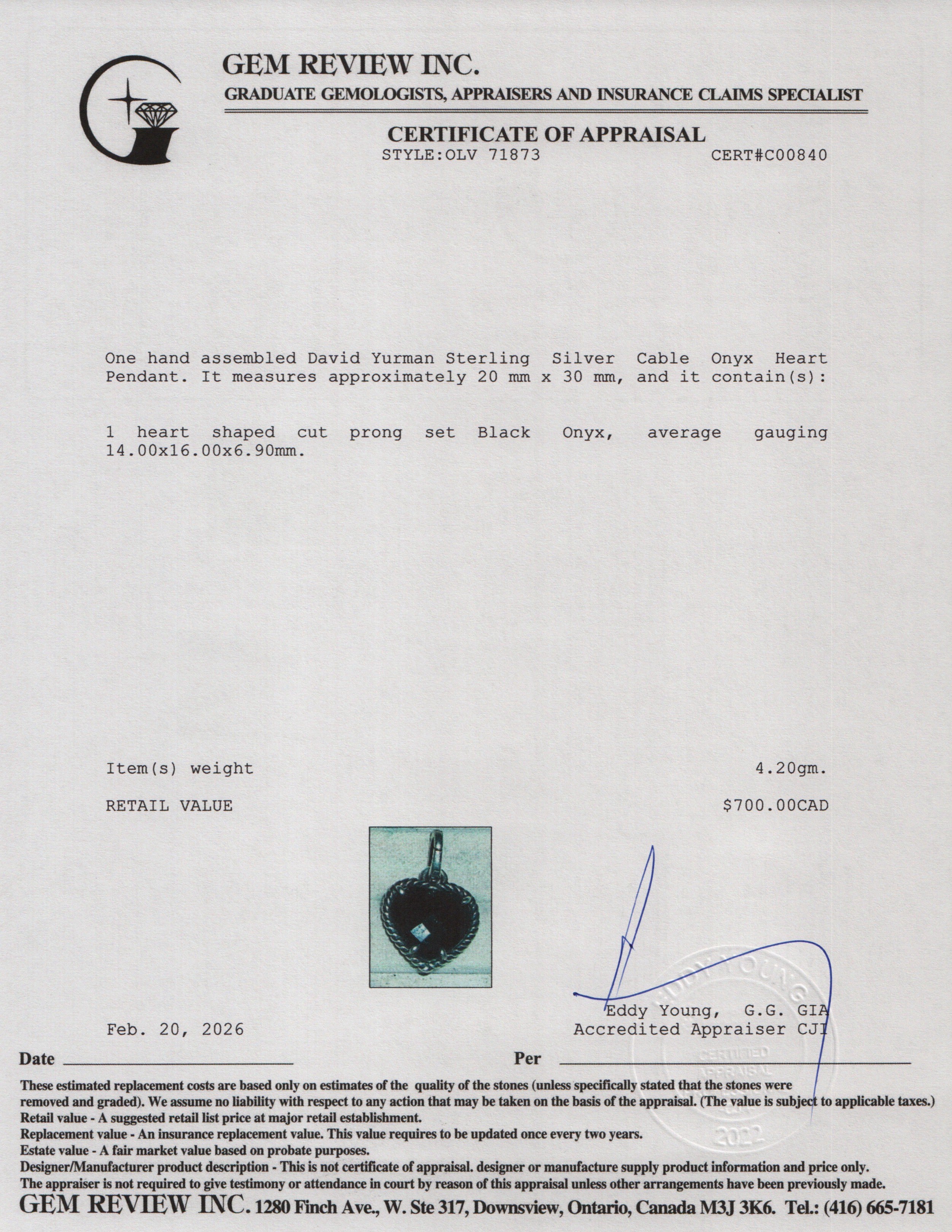 David Yurman Sterling Silver Cable Onyx Heart Pendant