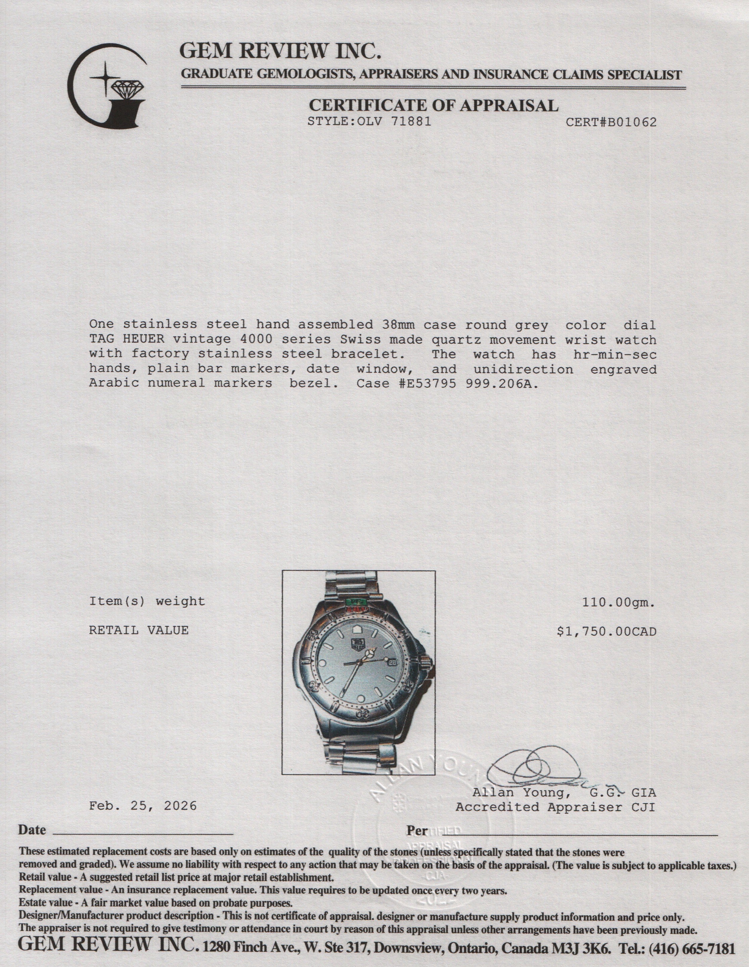 Tag Heuer Vintage Stainless Steel 4000 Series 38 MM Quartz Watch Grey Dial 999.206A