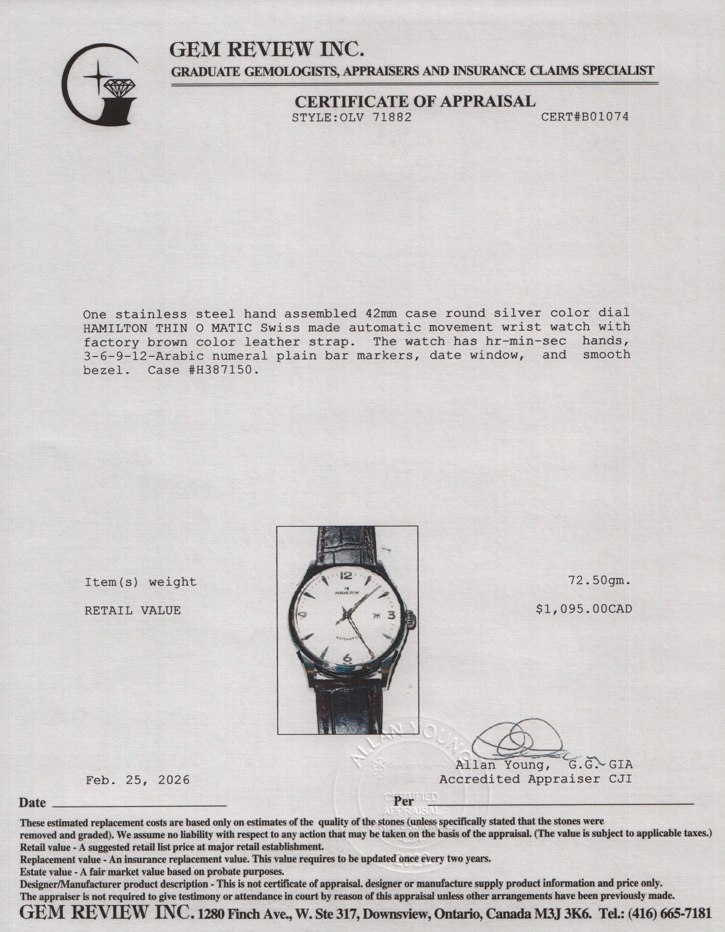 Hamilton Stainless Steel Thin O Matic 42 MM Automatic Watch Silver Dial H387150