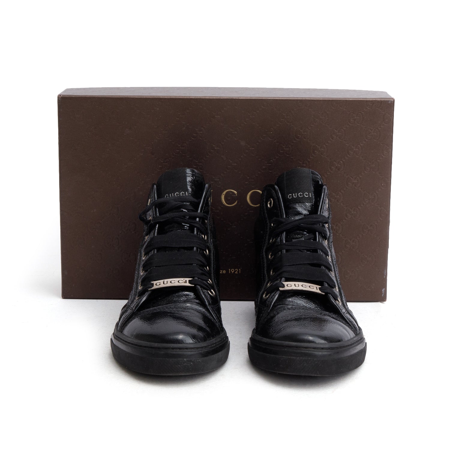 Gucci Black Soft Patent Leather High Top Sneakers, Women's Size 36 w/ Box