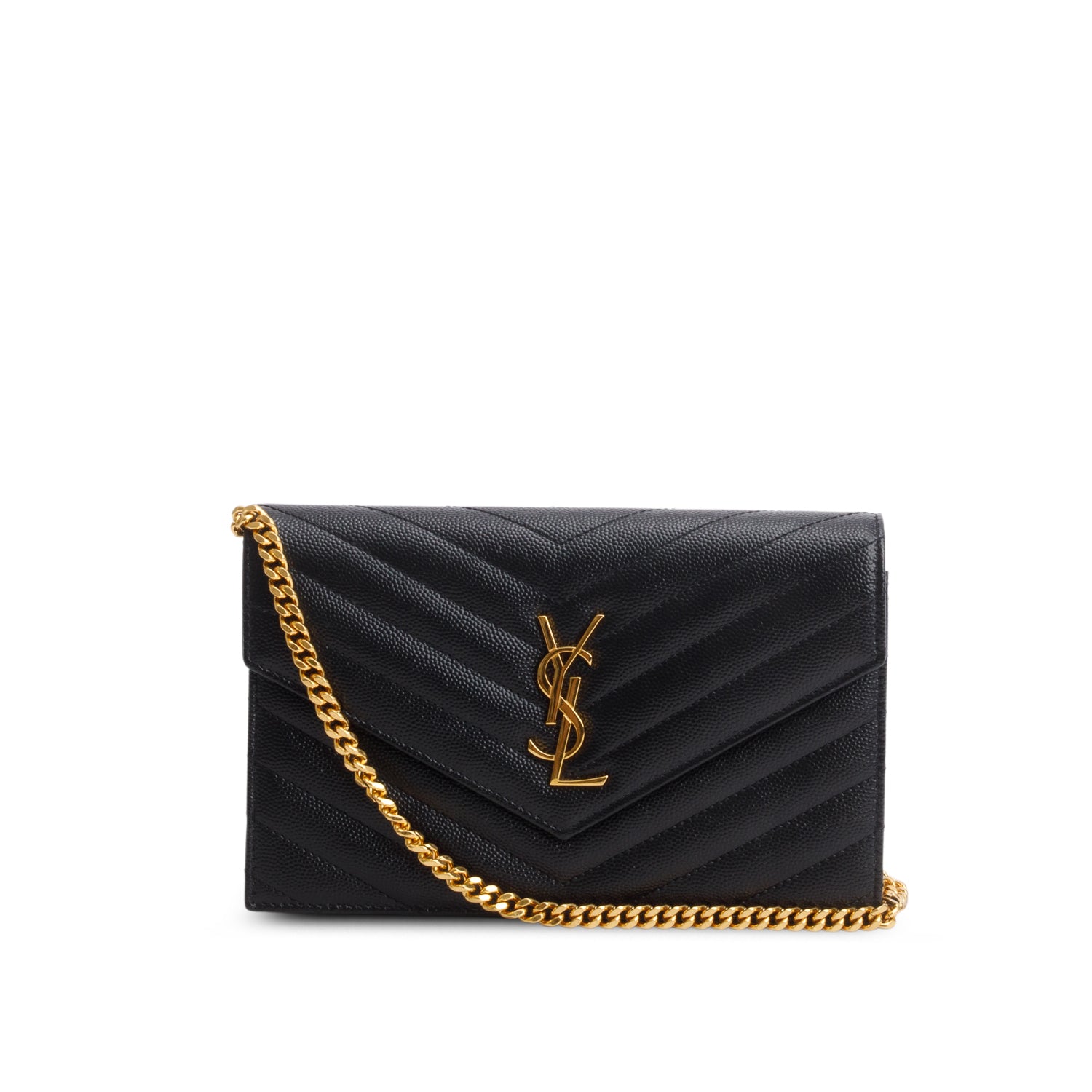 Saint Laurent 2023 Black Grain de Poudre Matelasse Chevron Monogram Chain Wallet w/ Box
