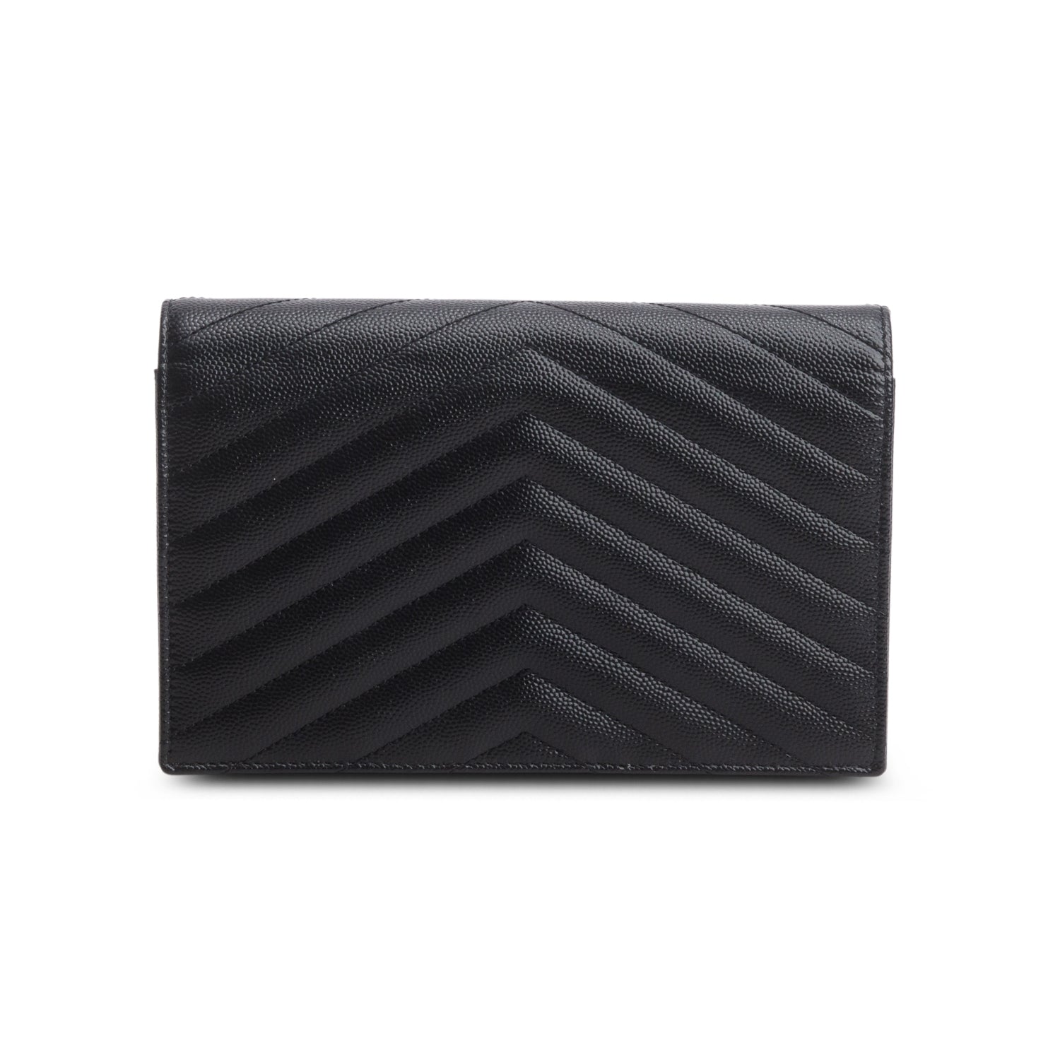 Saint Laurent 2023 Black Grain de Poudre Matelasse Chevron Monogram Chain Wallet w/ Box