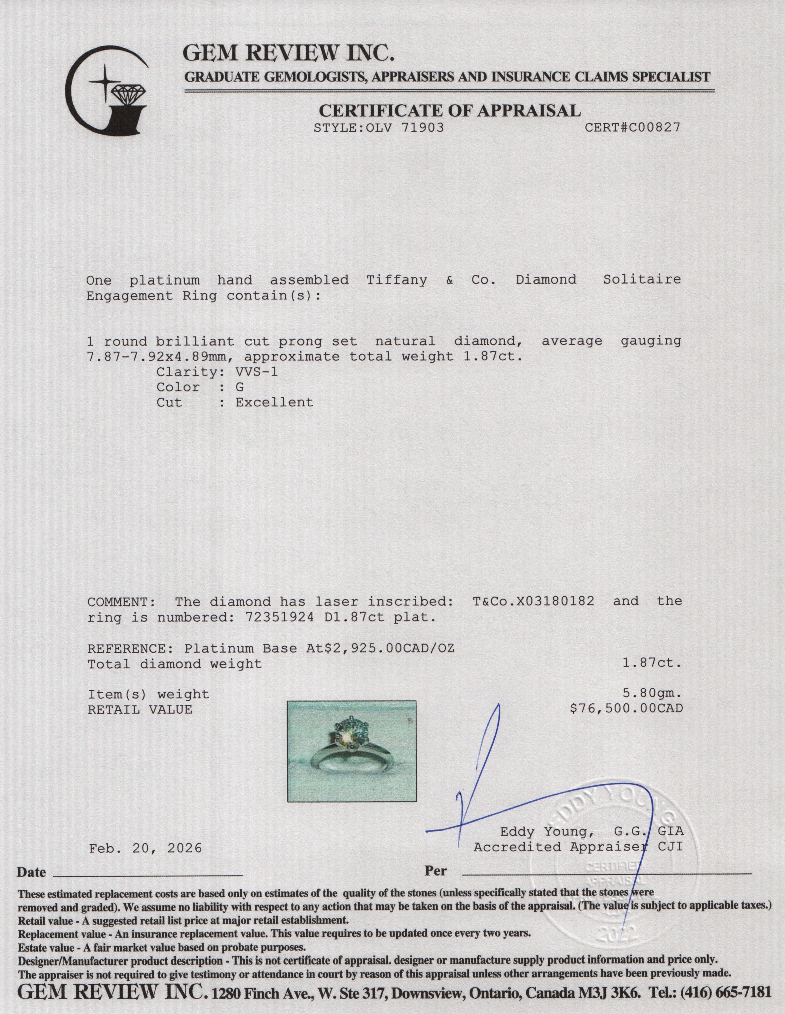 Tiffany & Co. Platinum 1.87 ct. Diamond Solitaire Engagement Ring, Size 6 w/ Box & Papers