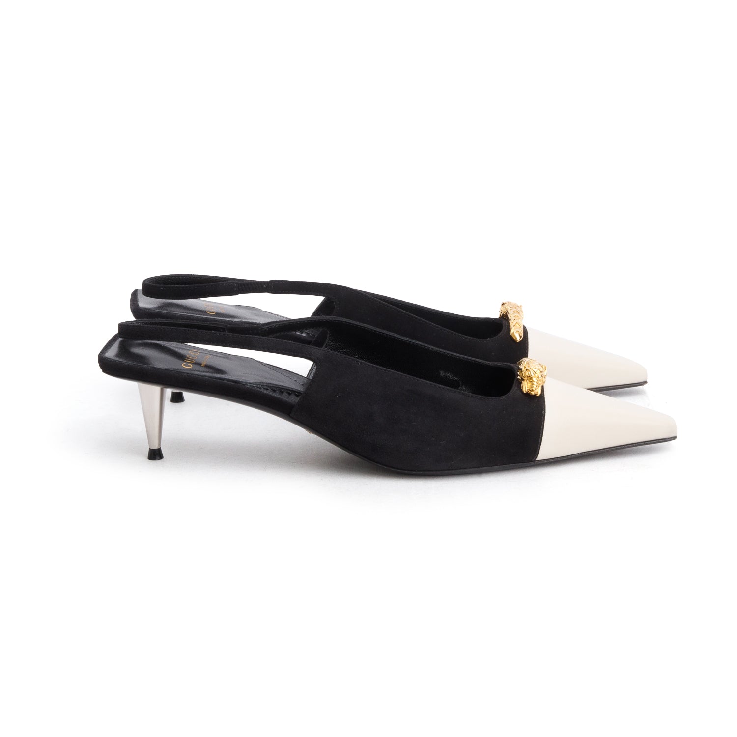 Gucci Black/White Calfskin Suede Embellished Slingback Pumps, Women's Size 39 w/ Box