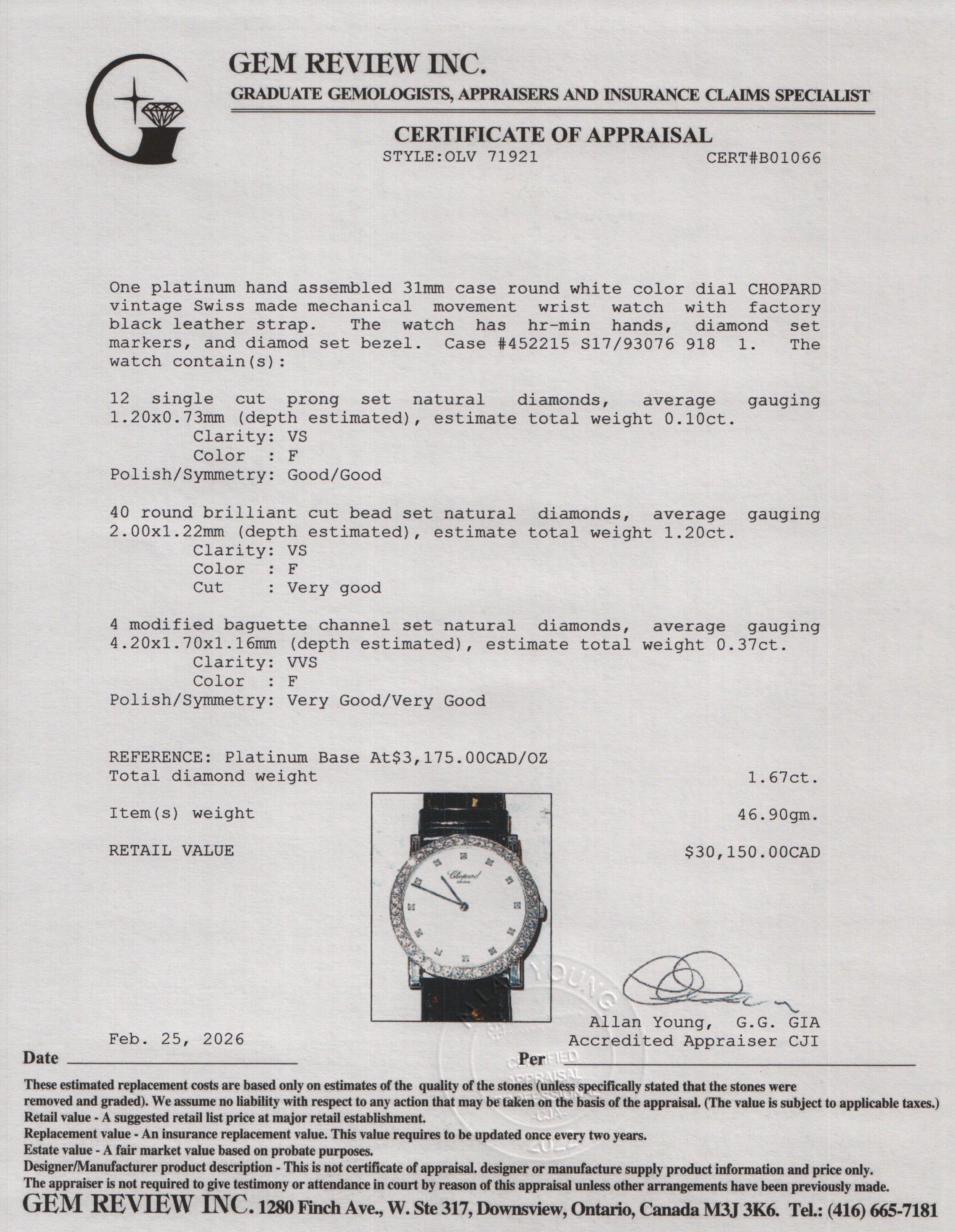 Chopard Vintage Platinum Diamond Bezel 31 MM Watch White Diamond Dial