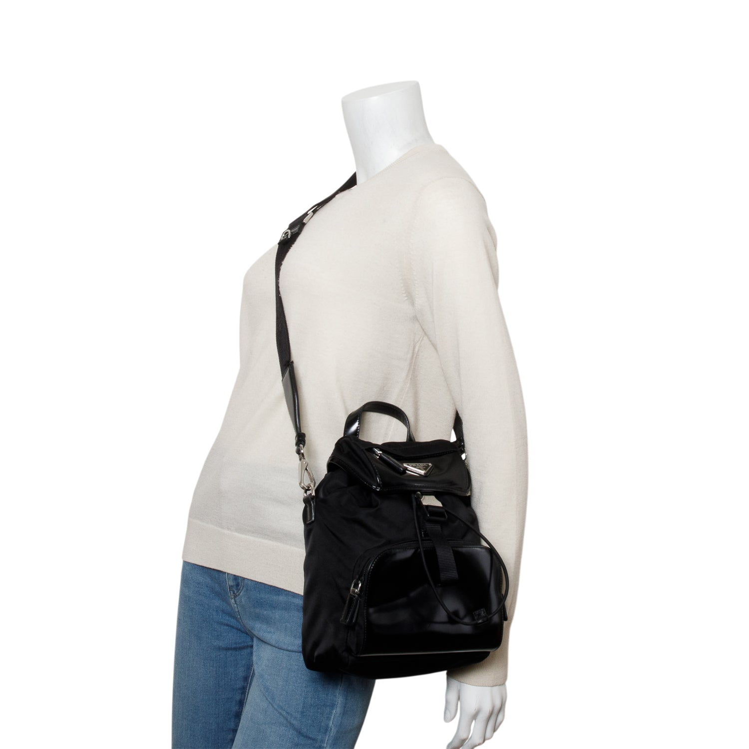 Prada Black Nylon Brushed Calfskin Mini Sling Backpack