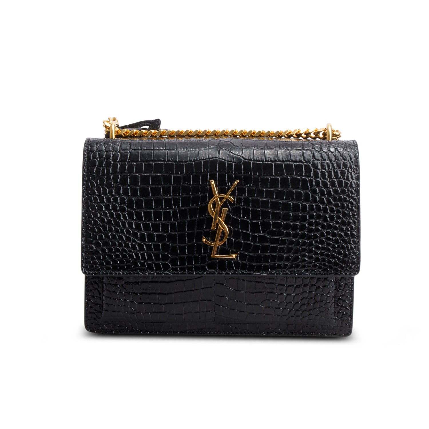 Saint Laurent 2023 Black Croc Embossed Calfskin Medium Sunset Bag