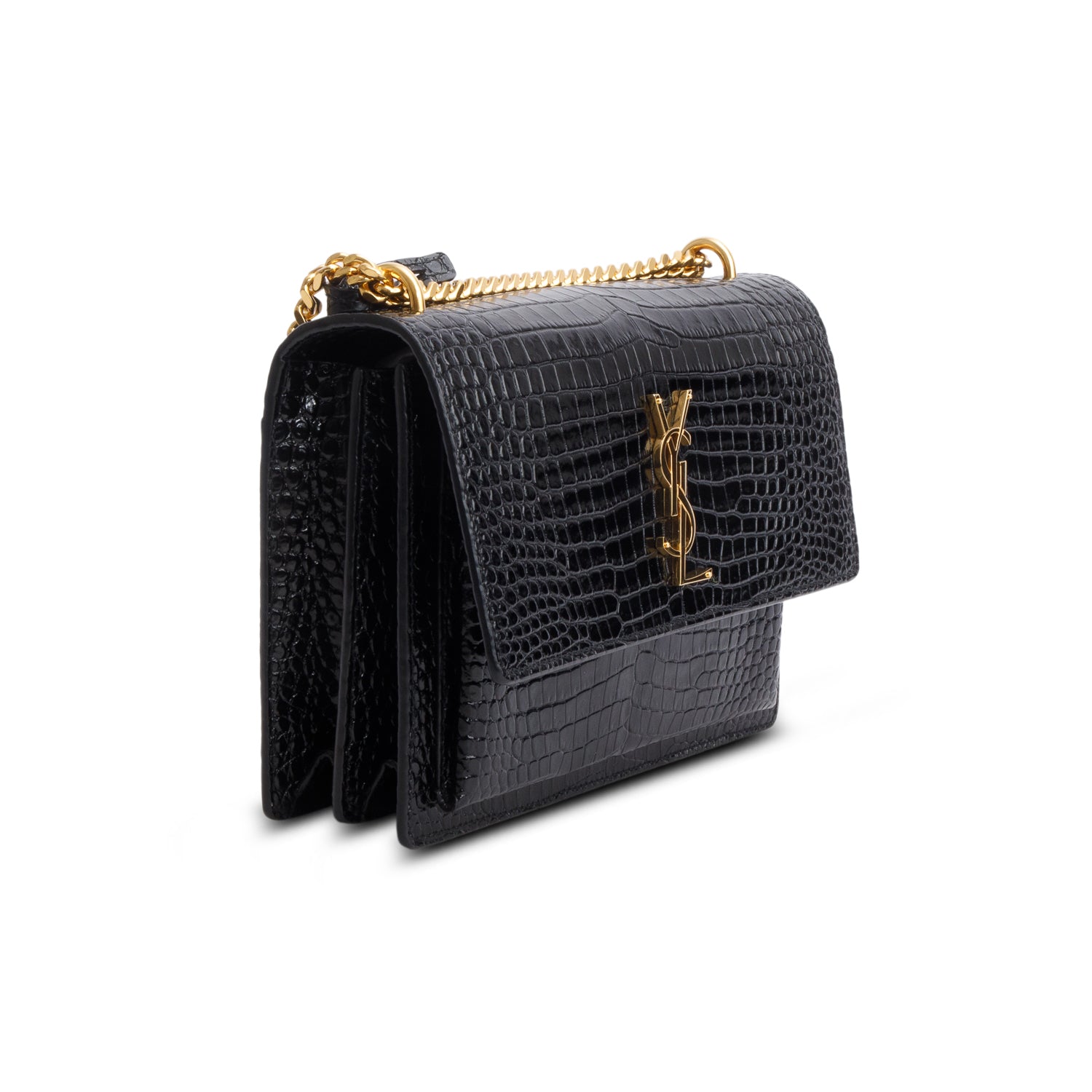 Saint Laurent 2023 Black Croc Embossed Calfskin Medium Sunset Bag
