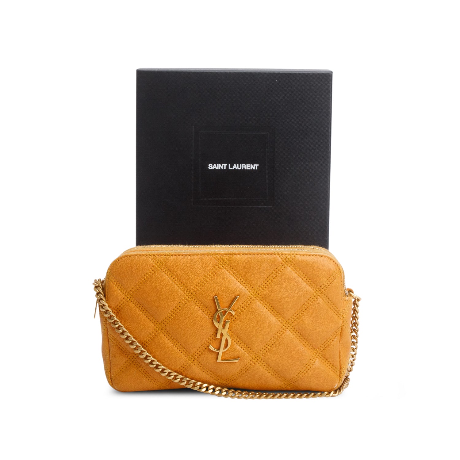 Saint Laurent 2020 Yellow Grained Lambskin Quilted Mini Becky Double Zip Bag w/ Box