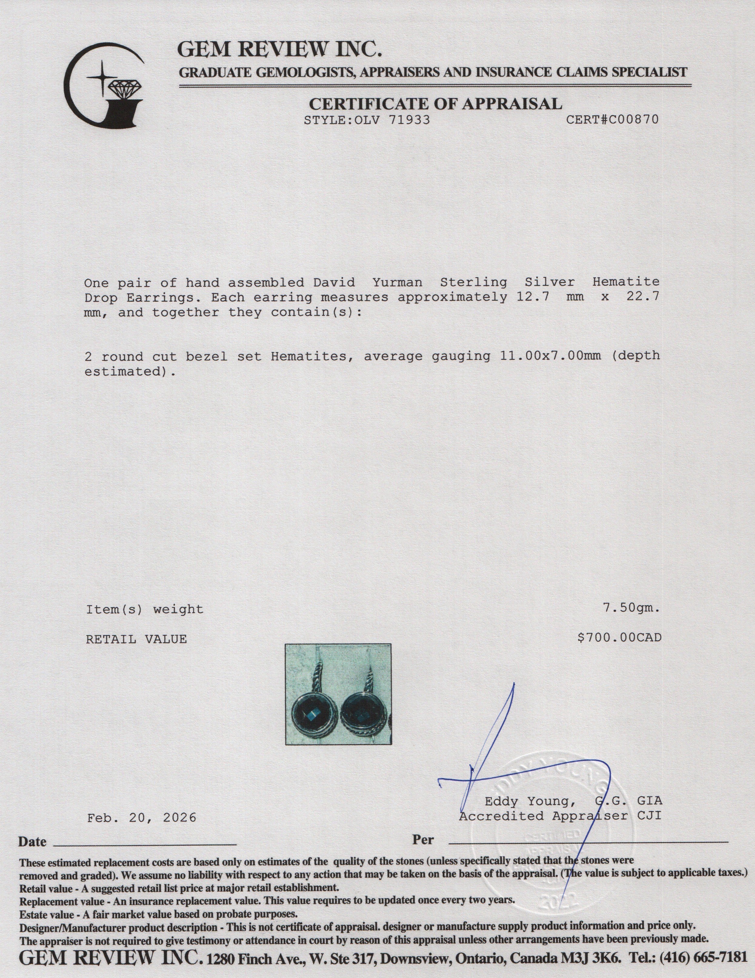 David Yurman Sterling Silver Hematite Drop Earrings