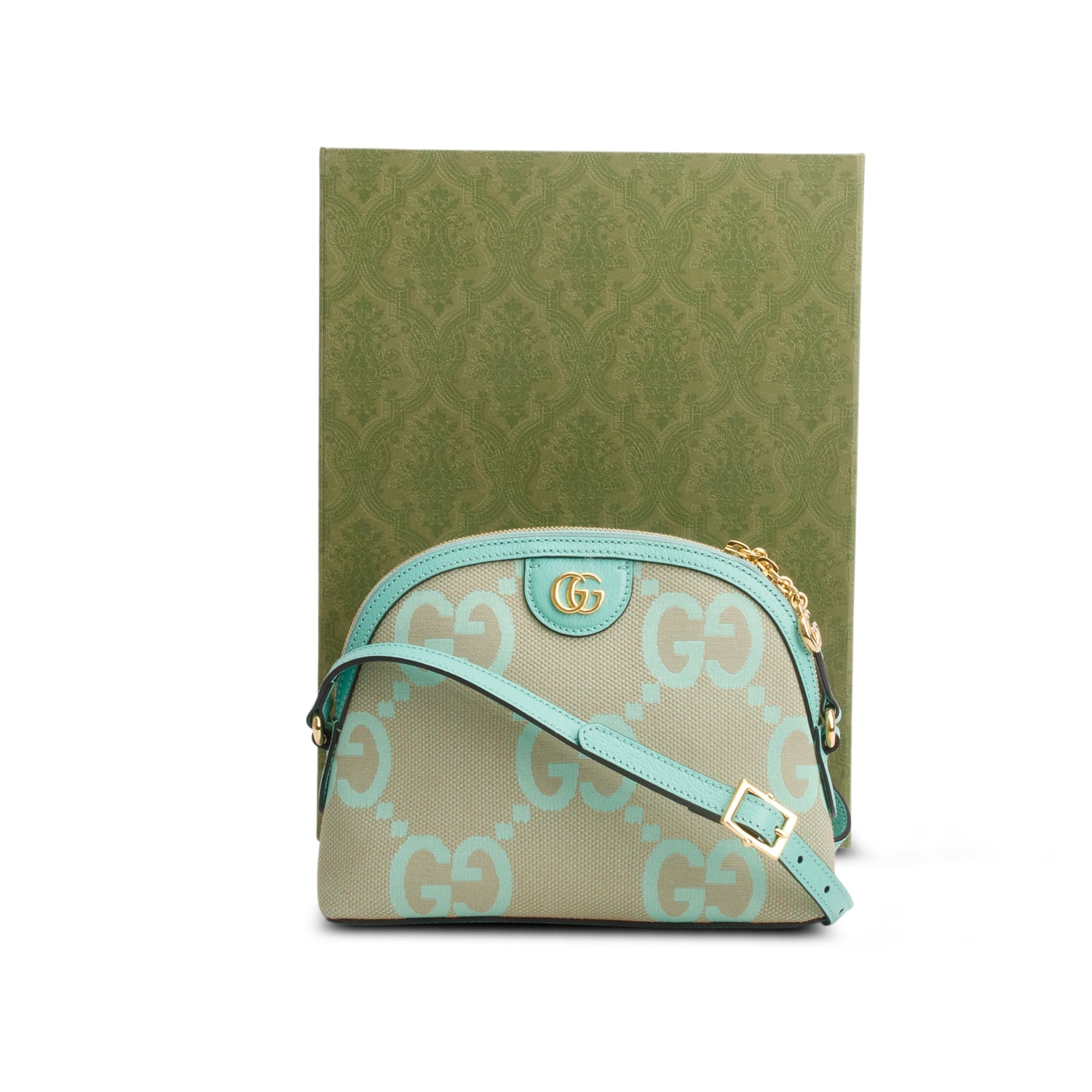 Gucci Green Calfskin Leather Trim Jumbo GG Canvas Small Ophidia Dome Crossbody Bag w/ Box