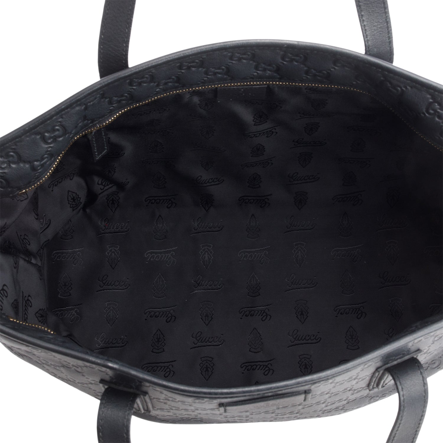 Gucci Black Leather Signature Zippered Shopping Tote