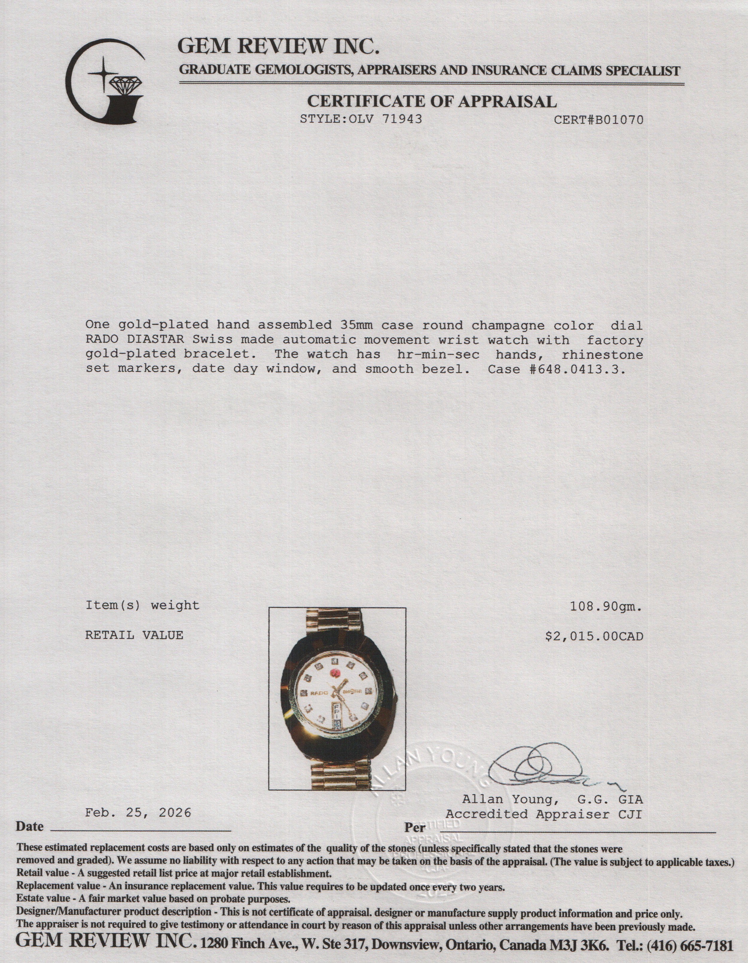 Rado Gold Plated Stainless Steel The Original Diastar 35 MM Automatic Watch Gold Diamond Dial w/ Box & Papers