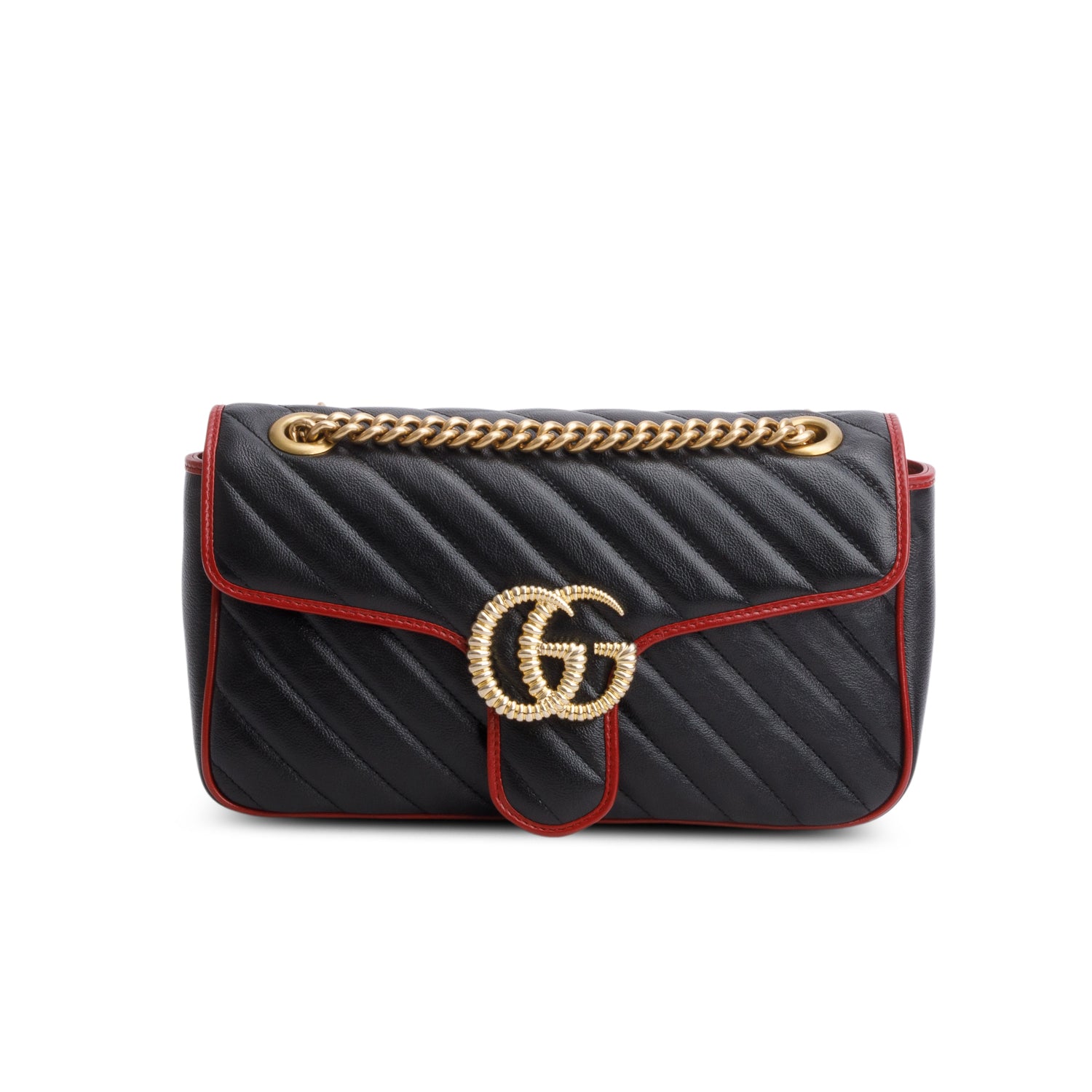 Gucci Black Red Vintage Effect Calfskin Matelasse Diaonal Medium Torchon GG Marmont Shoulder Bag