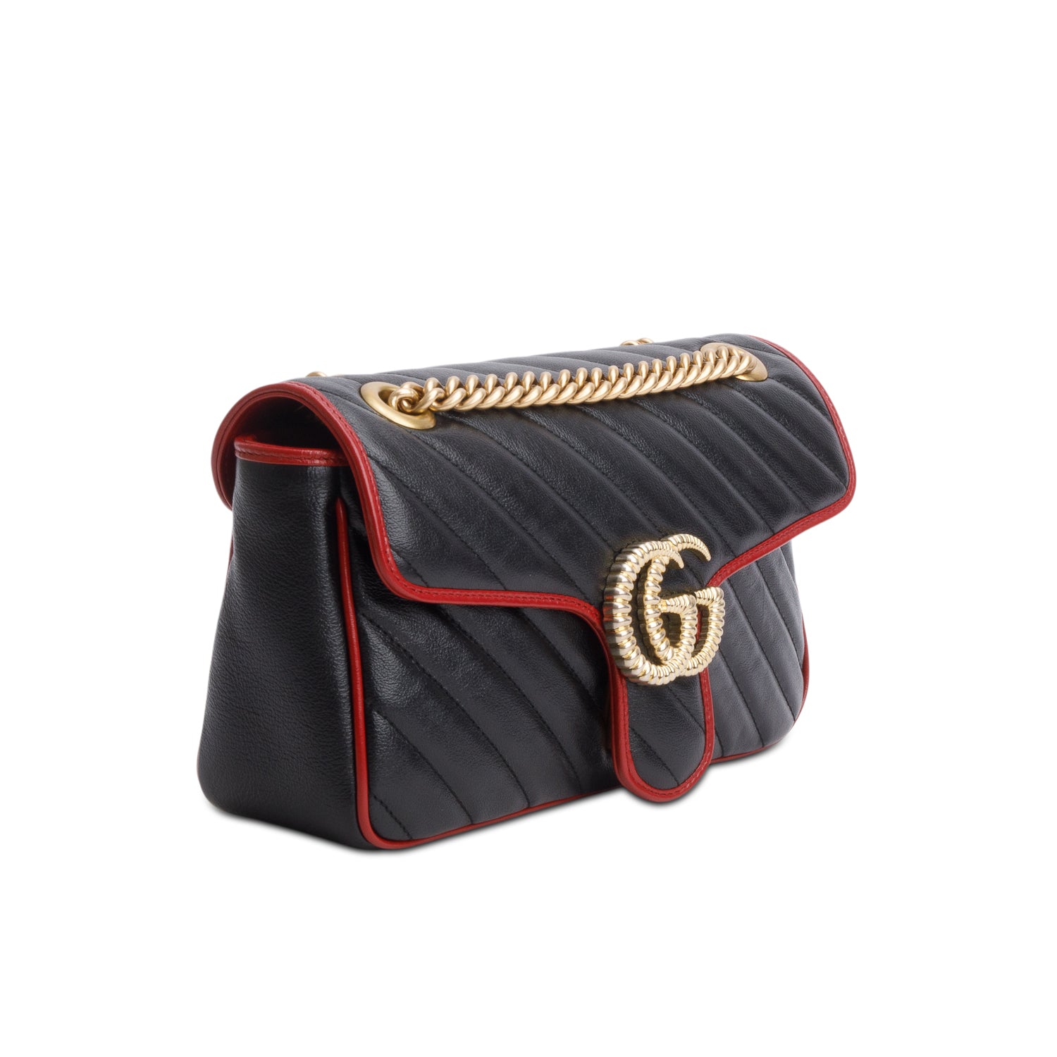 Gucci Black Red Vintage Effect Calfskin Matelasse Diaonal Medium Torchon GG Marmont Shoulder Bag