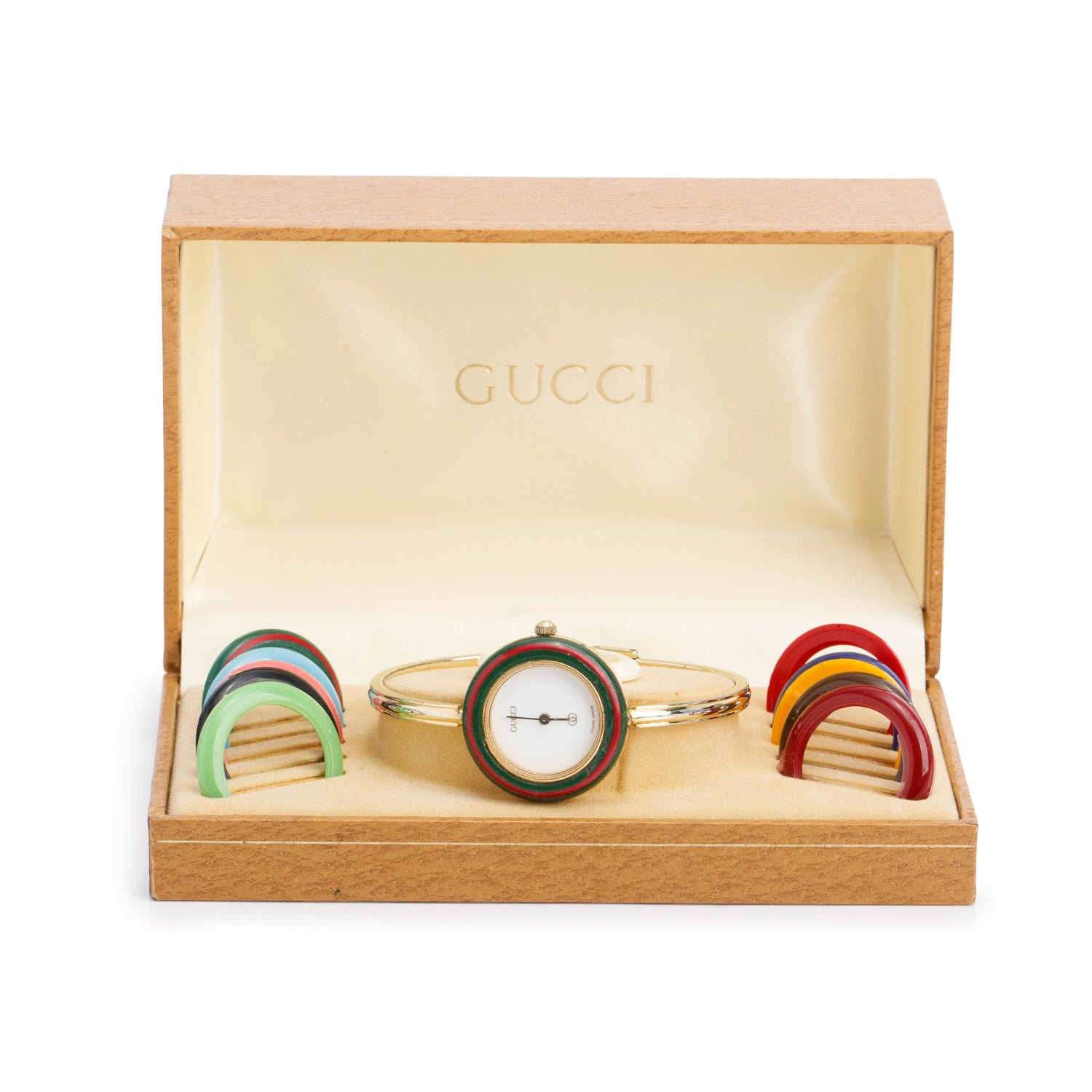 Gucci Gold Plated Stainless Steel 1100 Series 26MM Watch w/ Box & 12 Multicolour Interchangeable Bezels