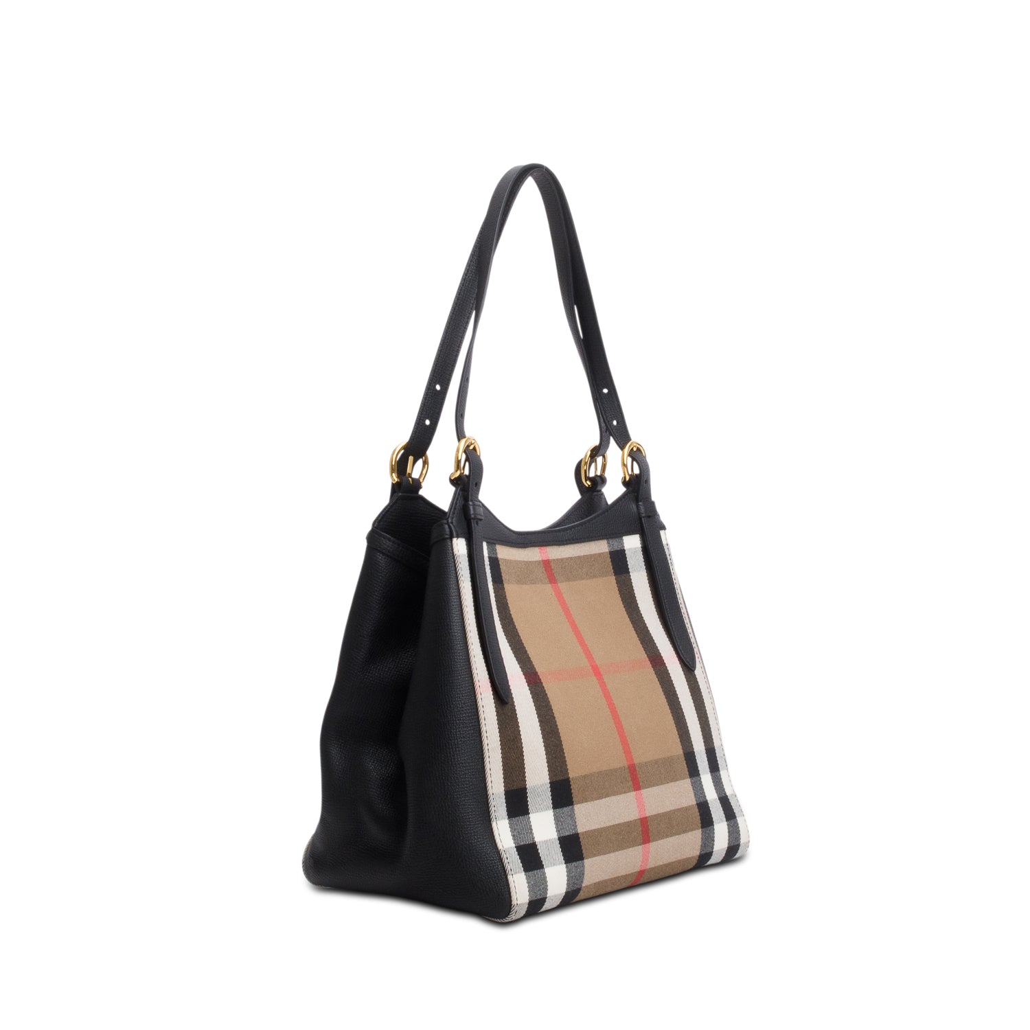Burberry Black Grainy Calfskin House Check Small Canterbury Tote