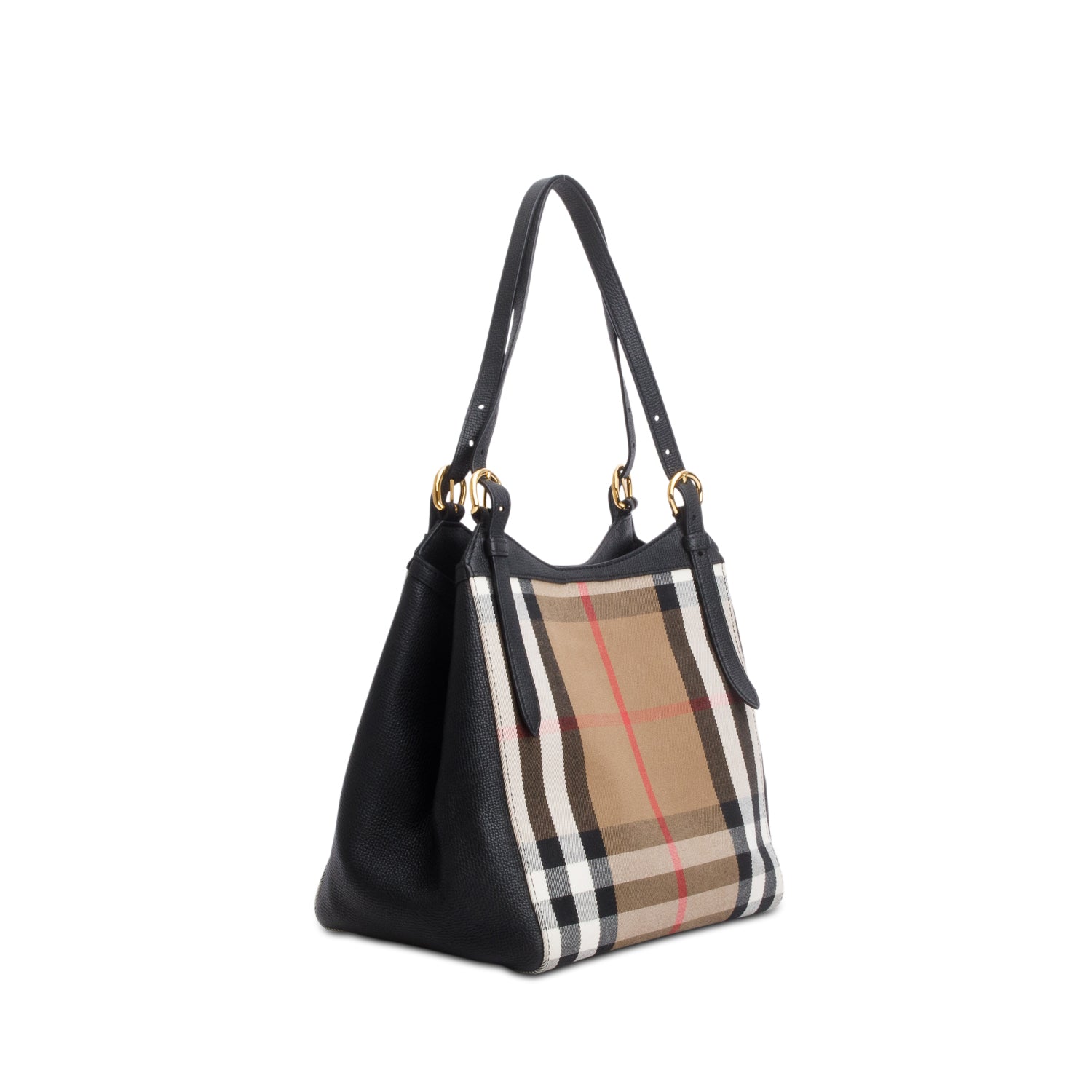 Burberry Black Grainy Calfskin House Check Small Canterbury Tote