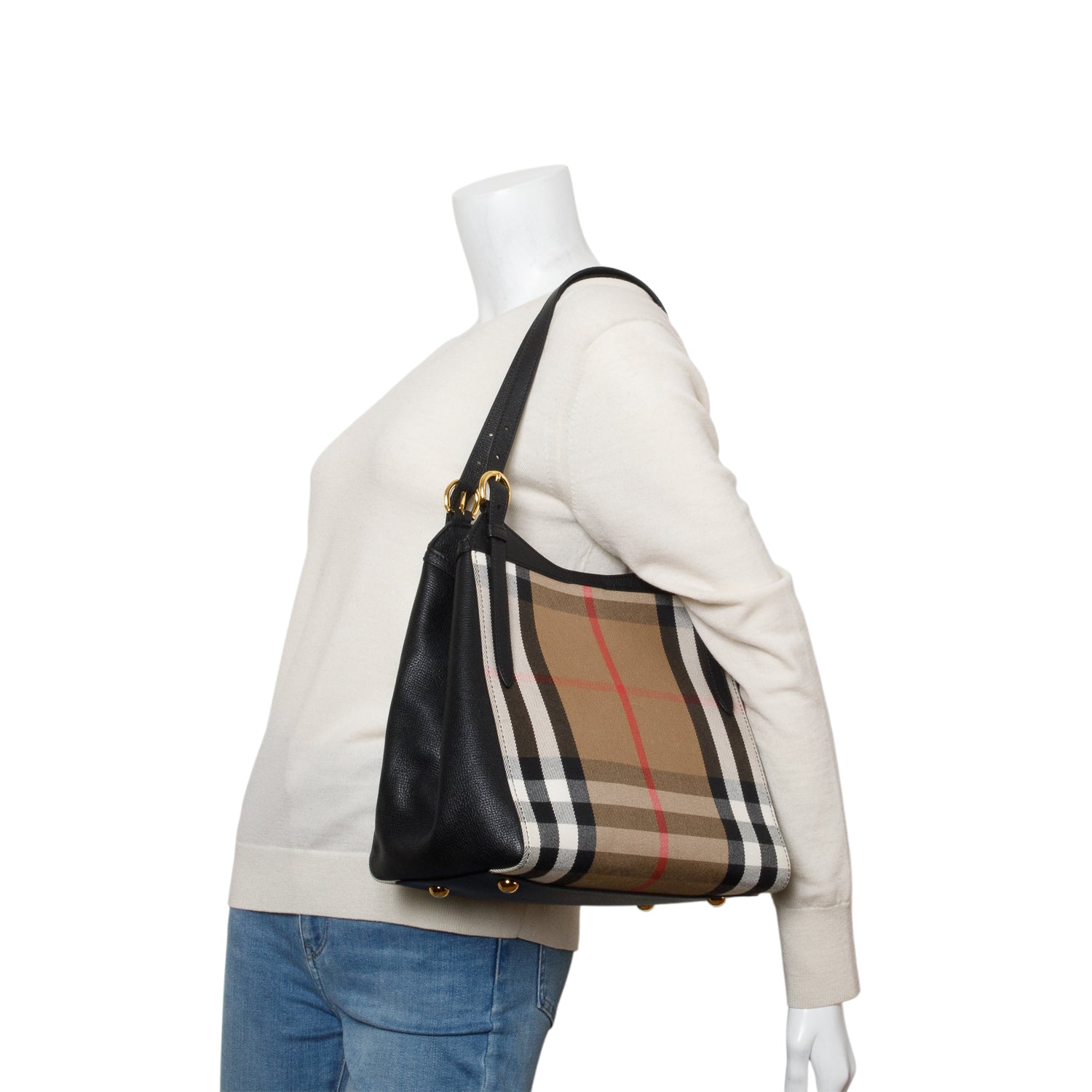 Burberry Black Grainy Calfskin House Check Small Canterbury Tote