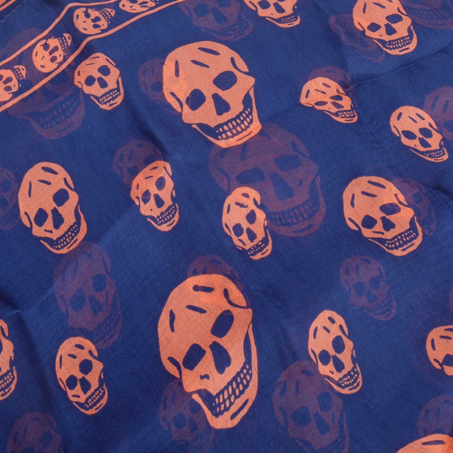 Alexander McQueen Navy/Orange Skull Printed Silk Scarf