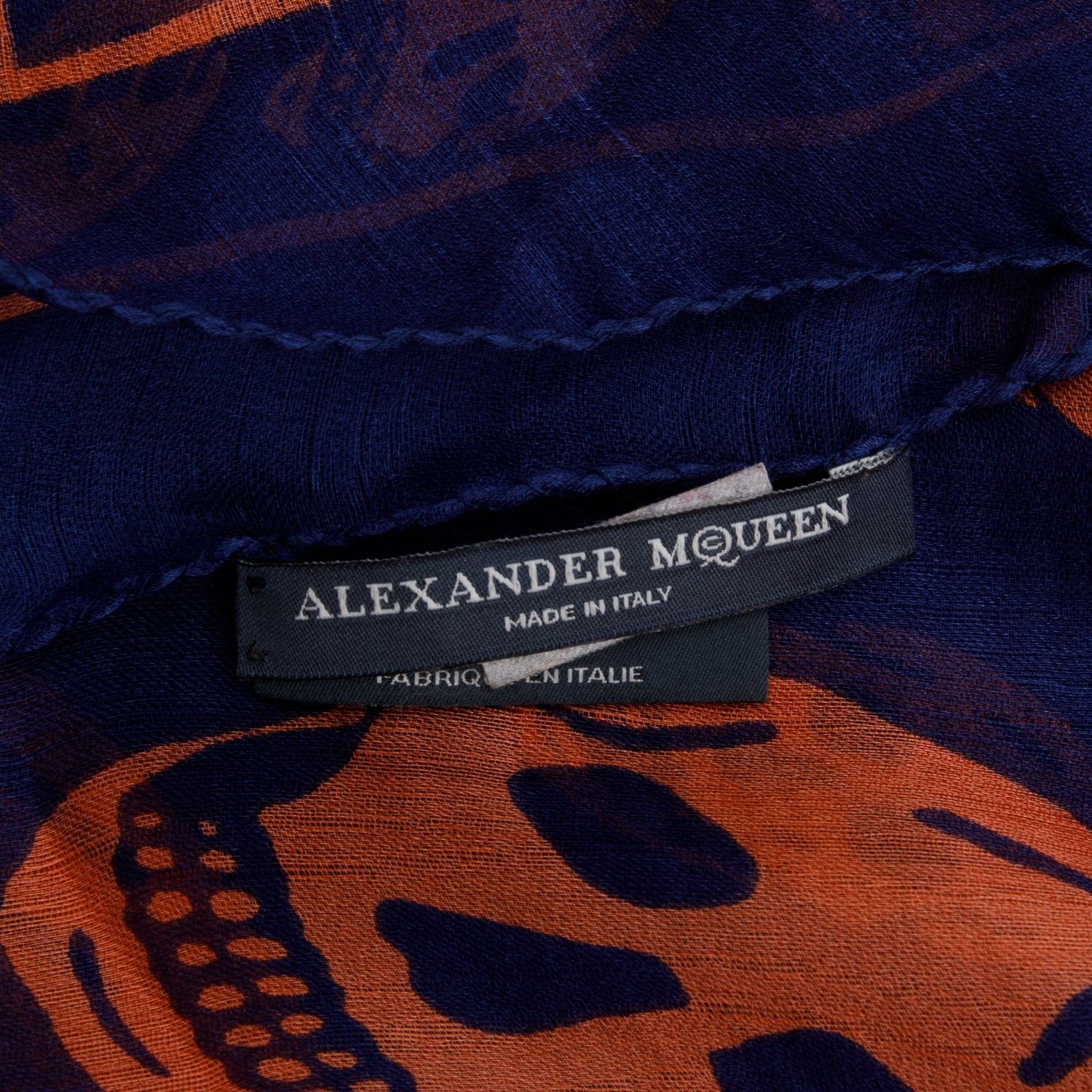 Alexander McQueen Navy/Orange Skull Printed Silk Scarf