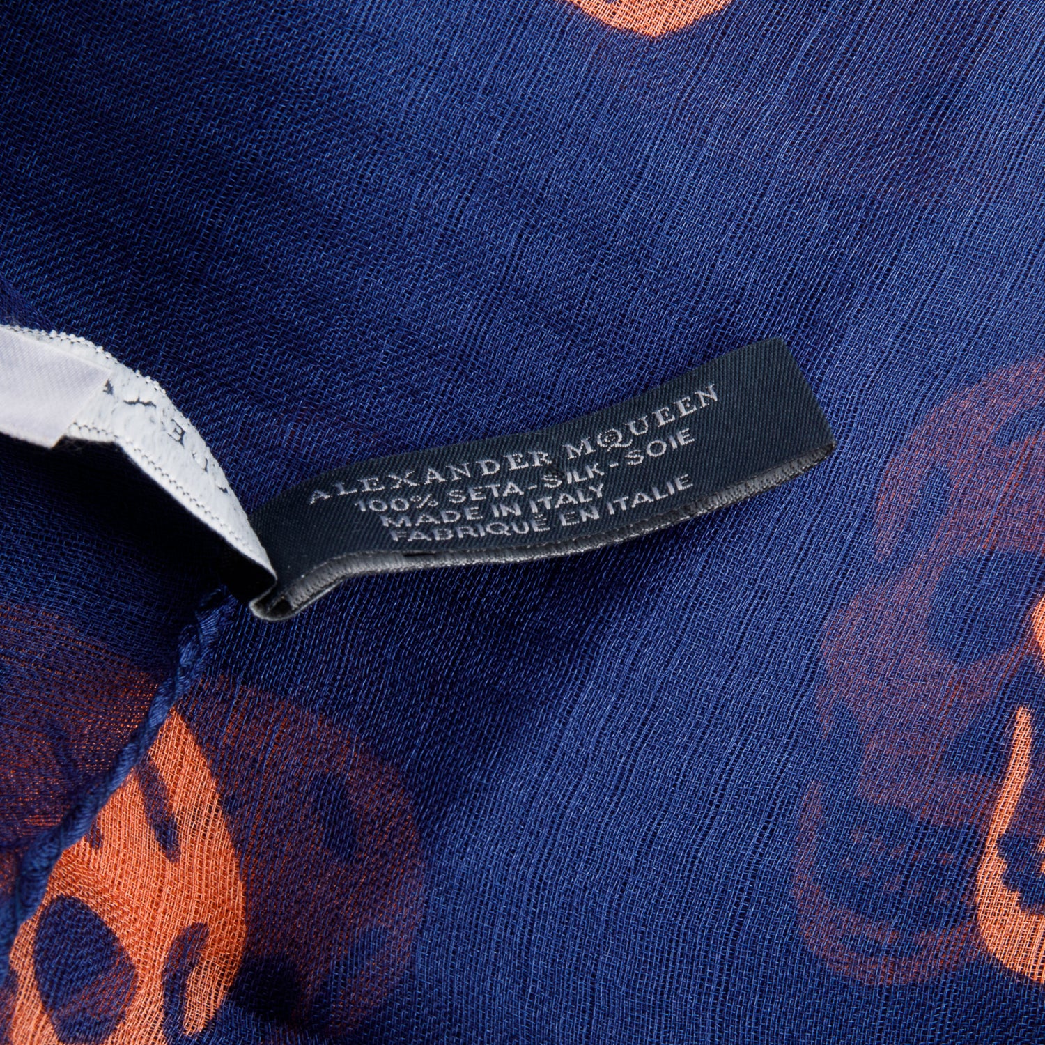 Alexander McQueen Navy/Orange Skull Printed Silk Scarf