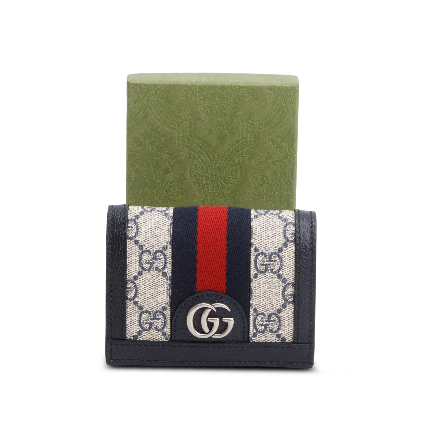 Gucci Navy GG Supreme Ophidia Textured Calfskin Web Ophidia Card Case w/ Box