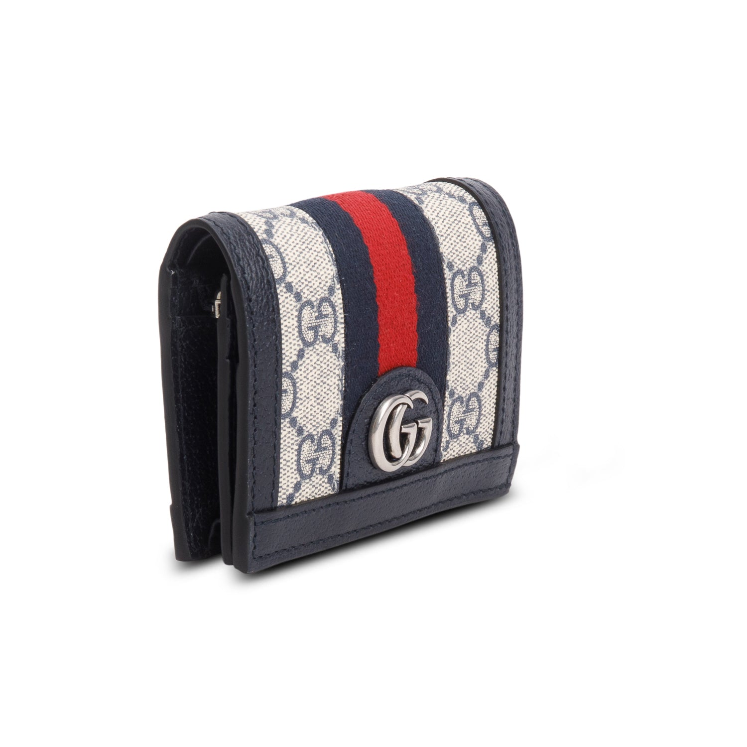 Gucci Navy GG Supreme Ophidia Textured Calfskin Web Ophidia Card Case w/ Box