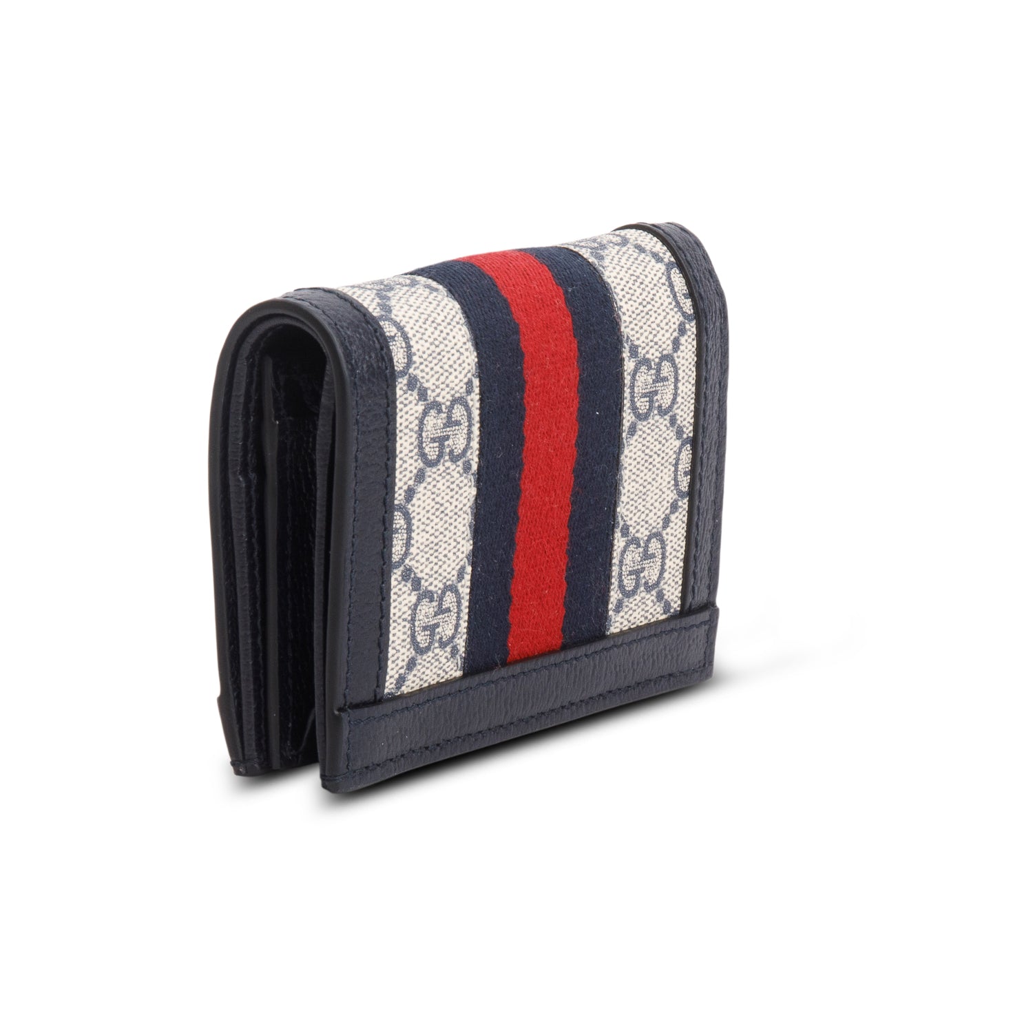 Gucci Navy GG Supreme Ophidia Textured Calfskin Web Ophidia Card Case w/ Box