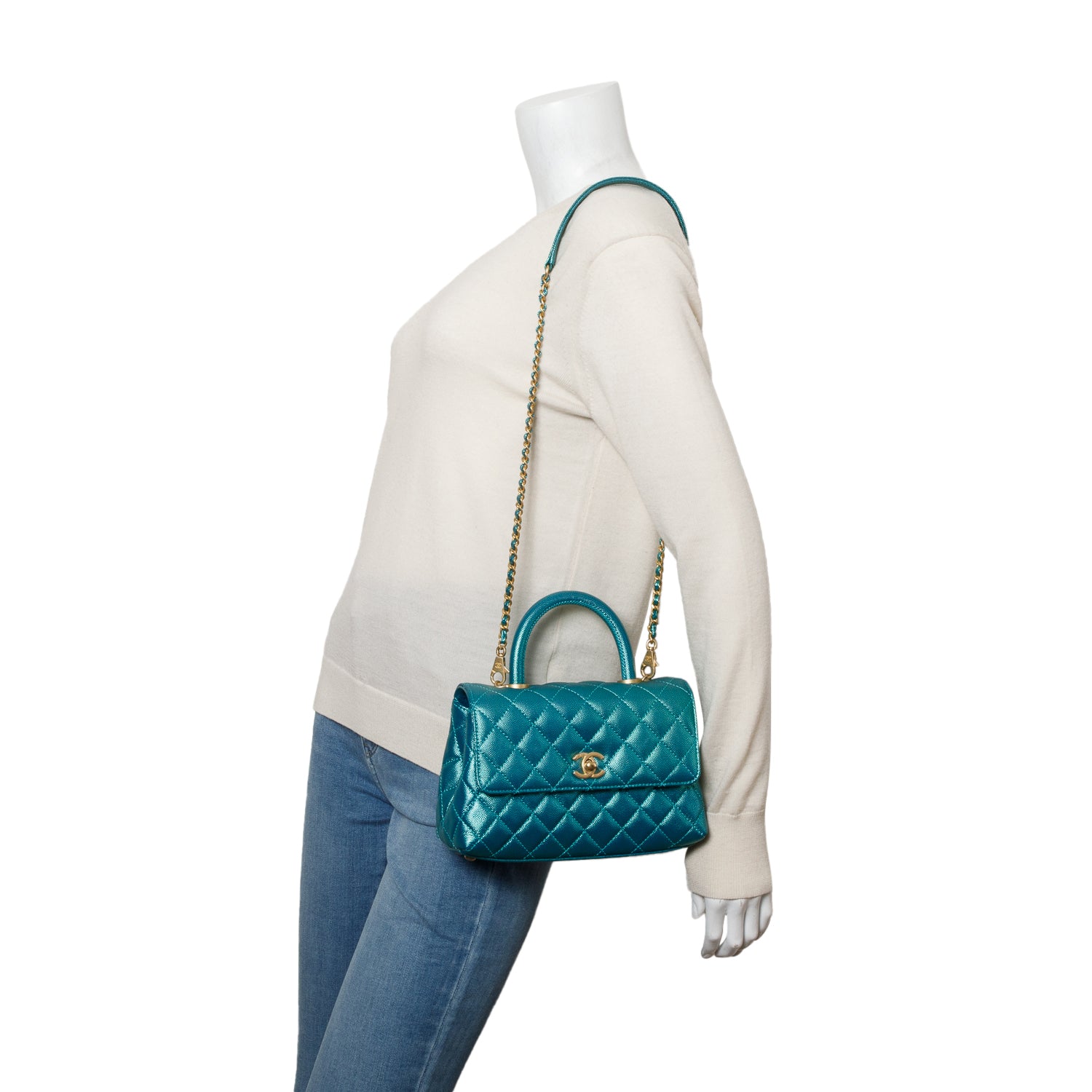 Chanel Metallic Green Caviar Quilted Mini Coco Top Handle Flap Bag w/ Box & Authenticity Card