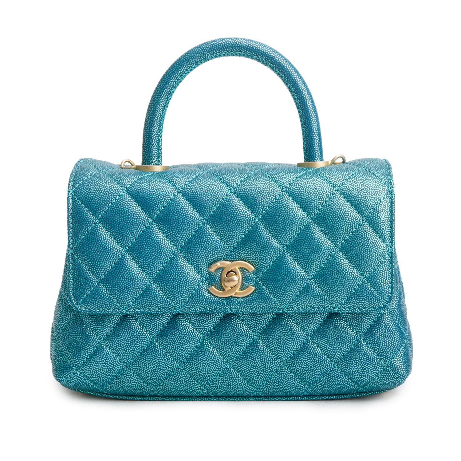 Chanel Metallic Green Caviar Quilted Mini Coco Top Handle Flap Bag w/ Box & Authenticity Card