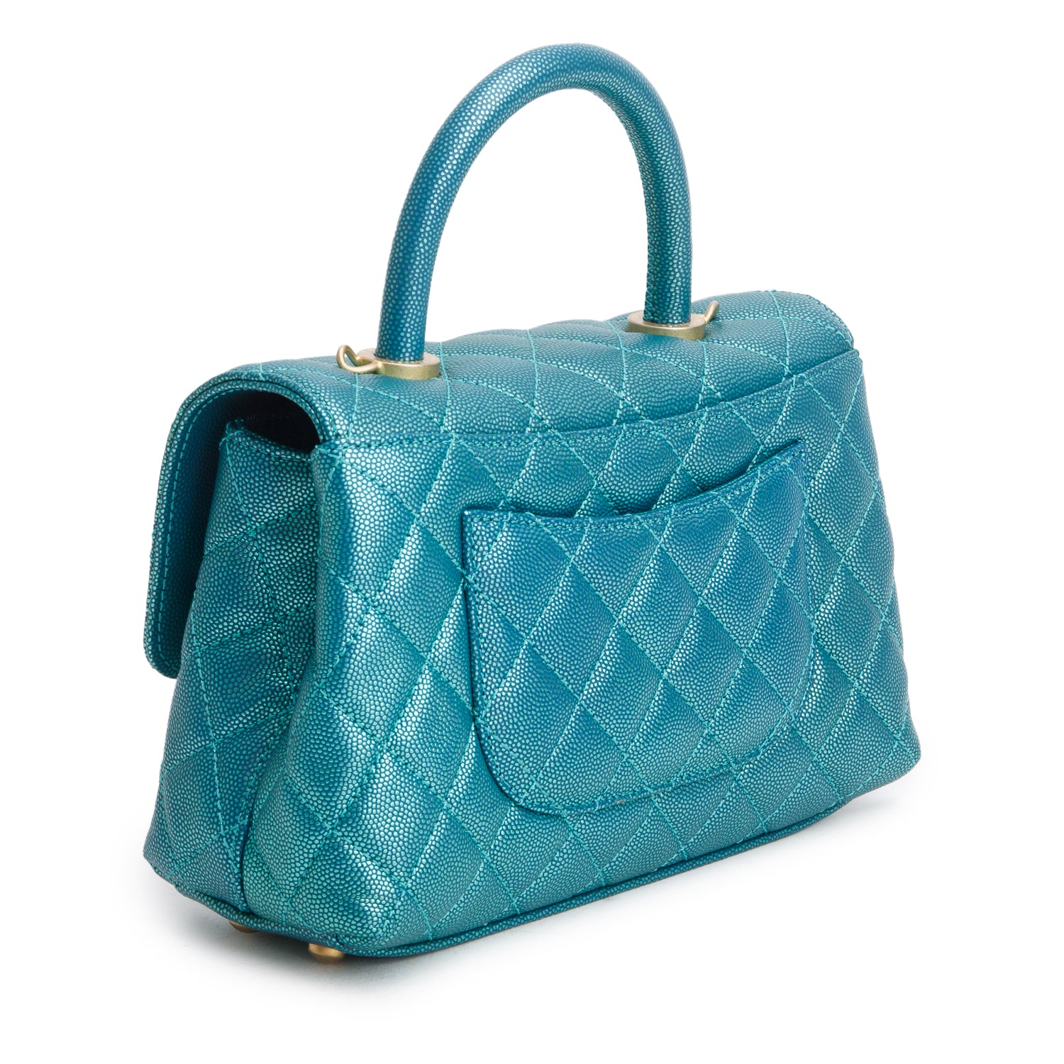 Chanel Metallic Green Caviar Quilted Mini Coco Top Handle Flap Bag w/ Box & Authenticity Card